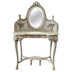 Antique French Louis XV Style Painted Vanity with Rose Carvings