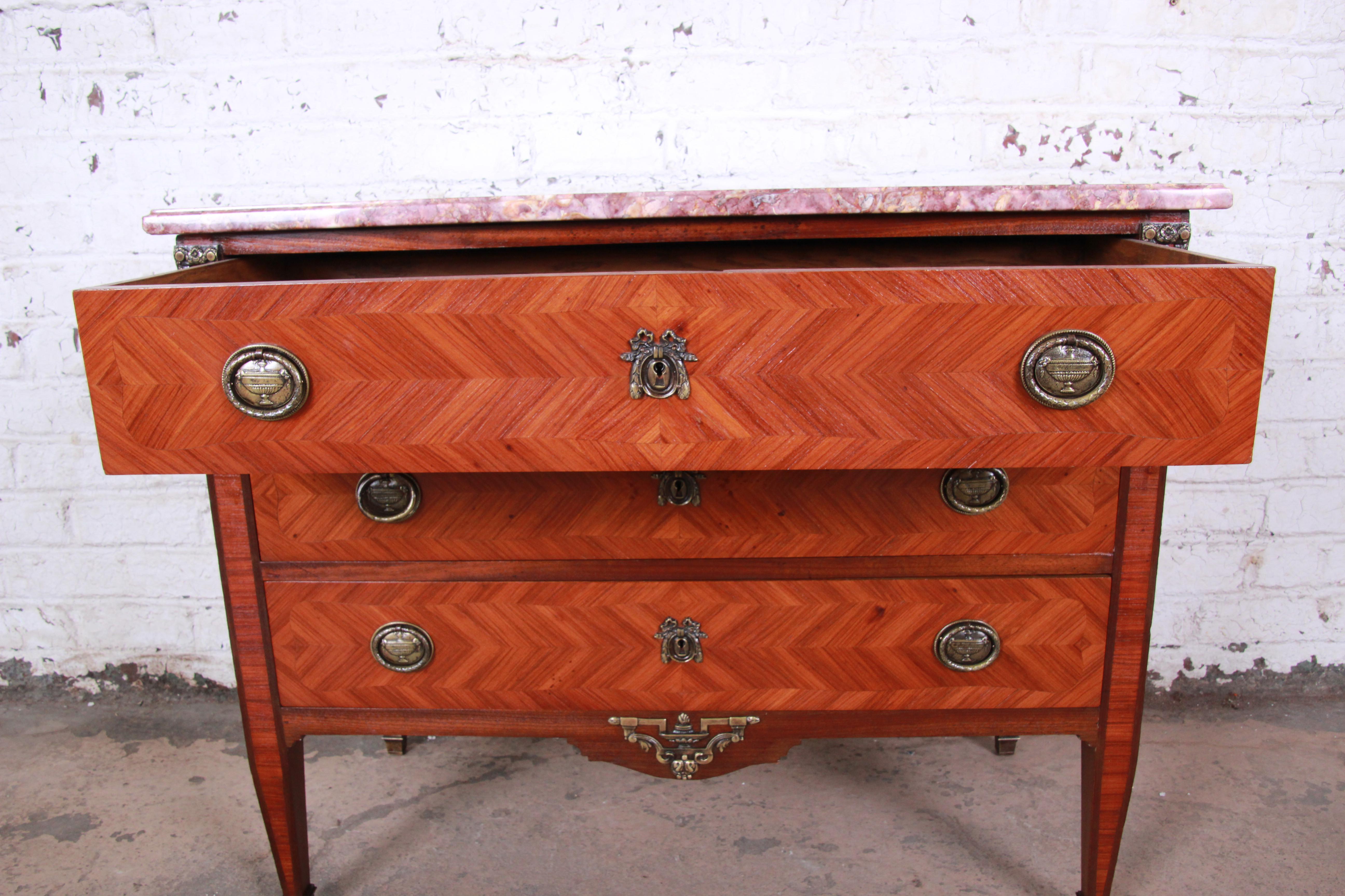 Early 20th Century Antique French Louis XV Style Parquetry Mahogany Marble Top Chest of Drawers