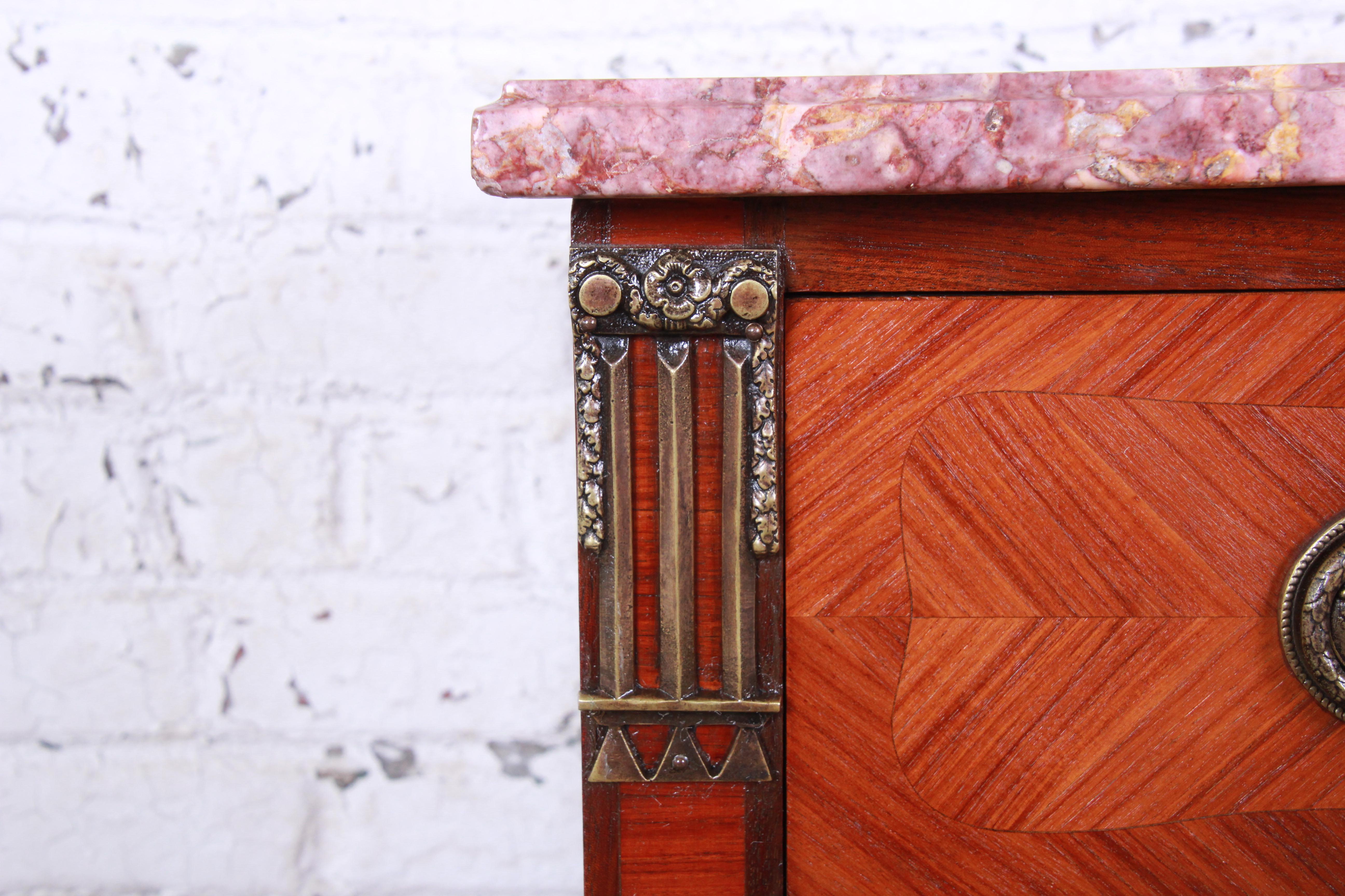 Antique French Louis XV Style Parquetry Mahogany Marble Top Chest of Drawers 2