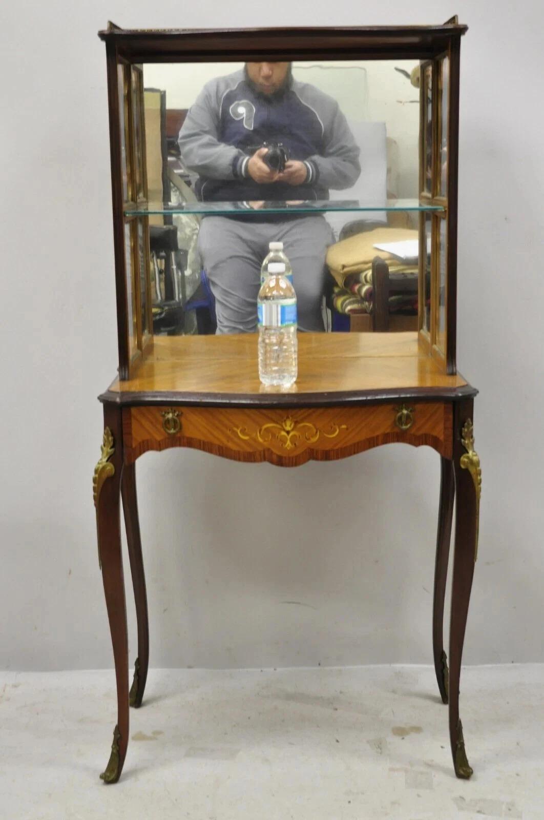 Antique French Louis XV Style Petite Curio Etagere with Satinwood Inlay & Mirror For Sale 4
