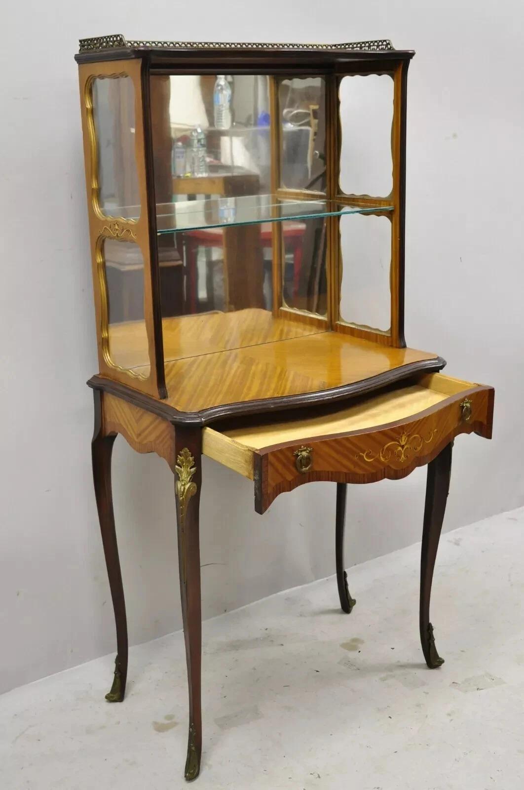 Other Antique French Louis XV Style Petite Curio Etagere with Satinwood Inlay & Mirror For Sale