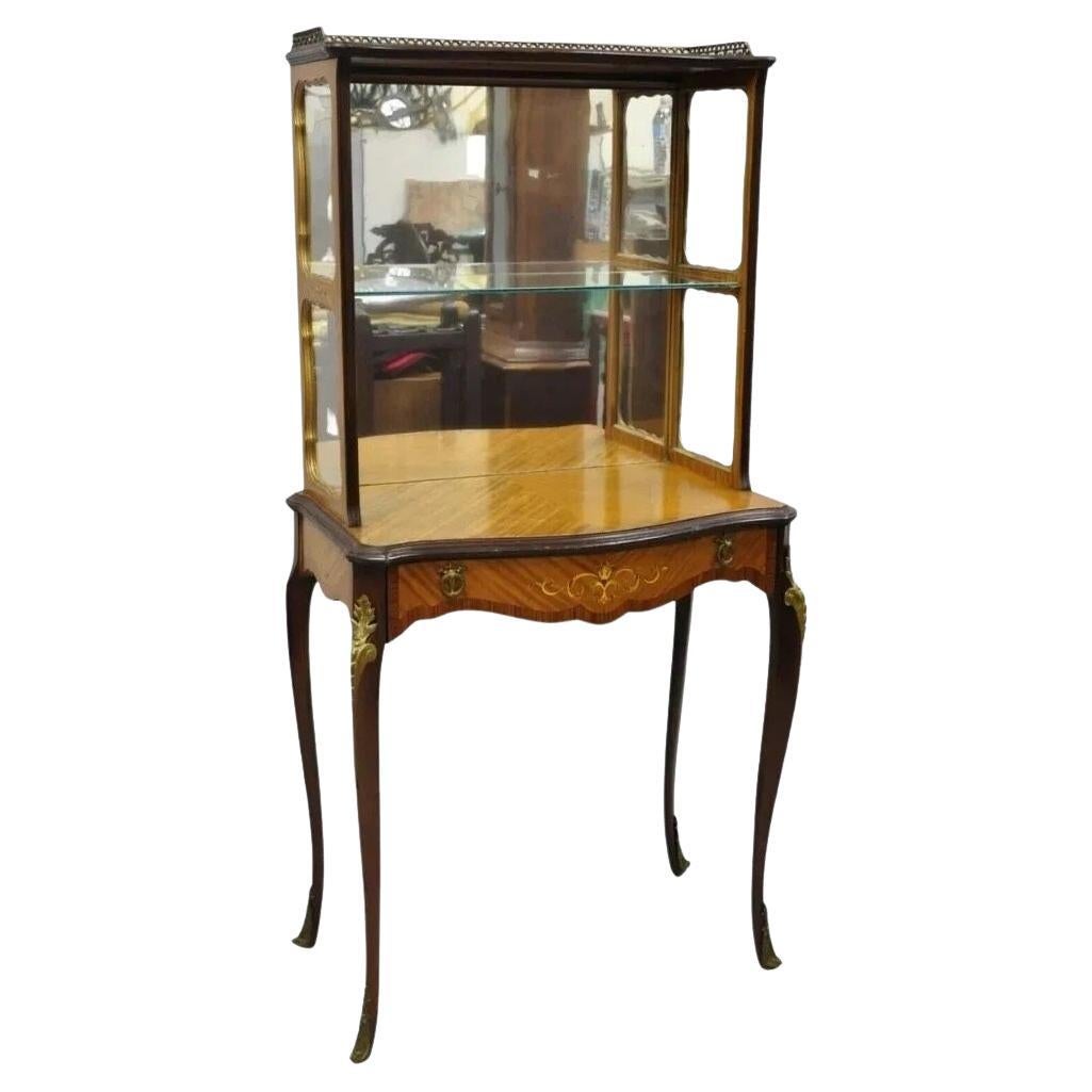Antique French Louis XV Style Petite Curio Etagere with Satinwood Inlay & Mirror For Sale