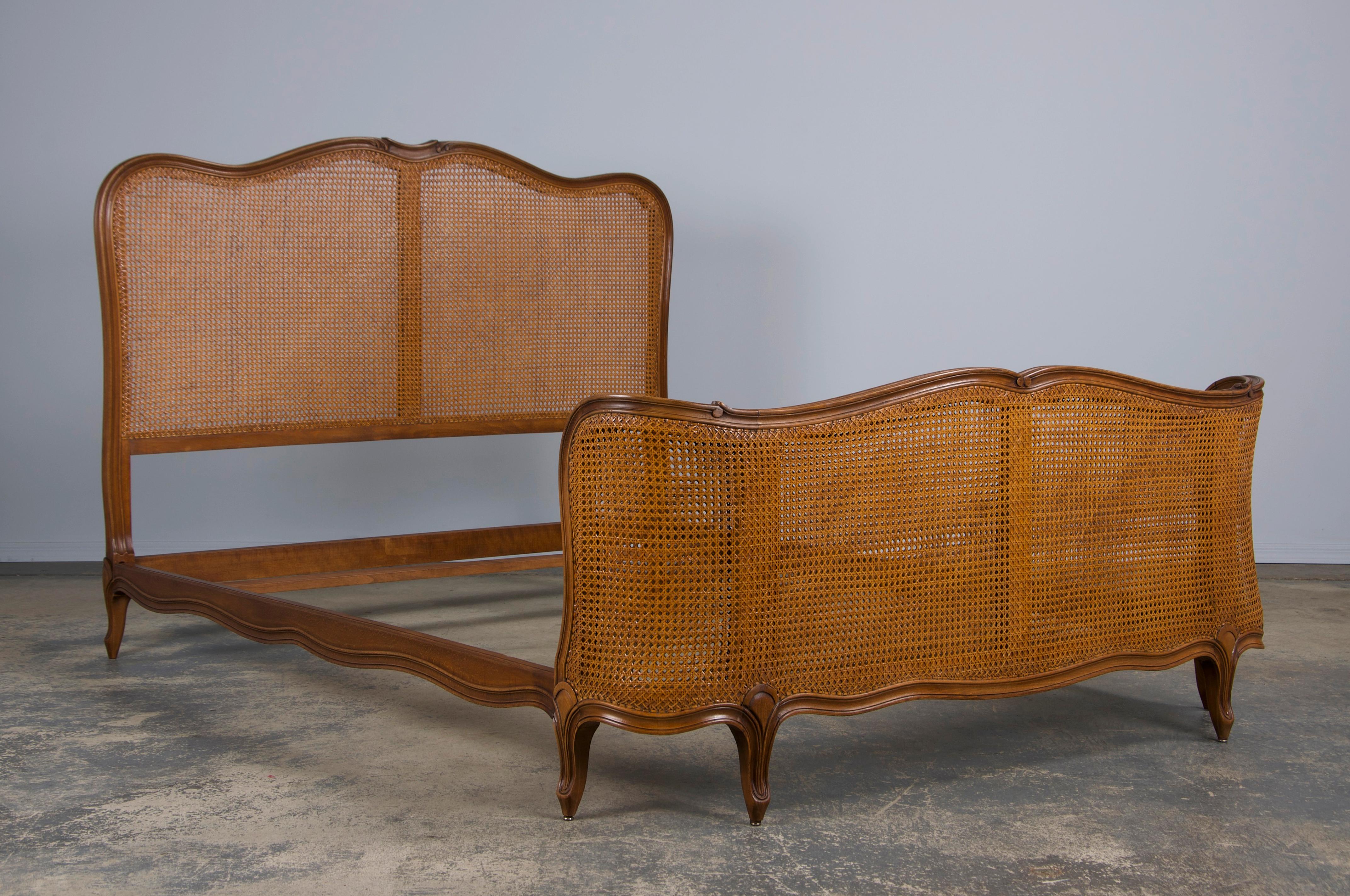 20th Century Antique French Louis XV Style Provincial Maple Cane Fullsize Bedframe