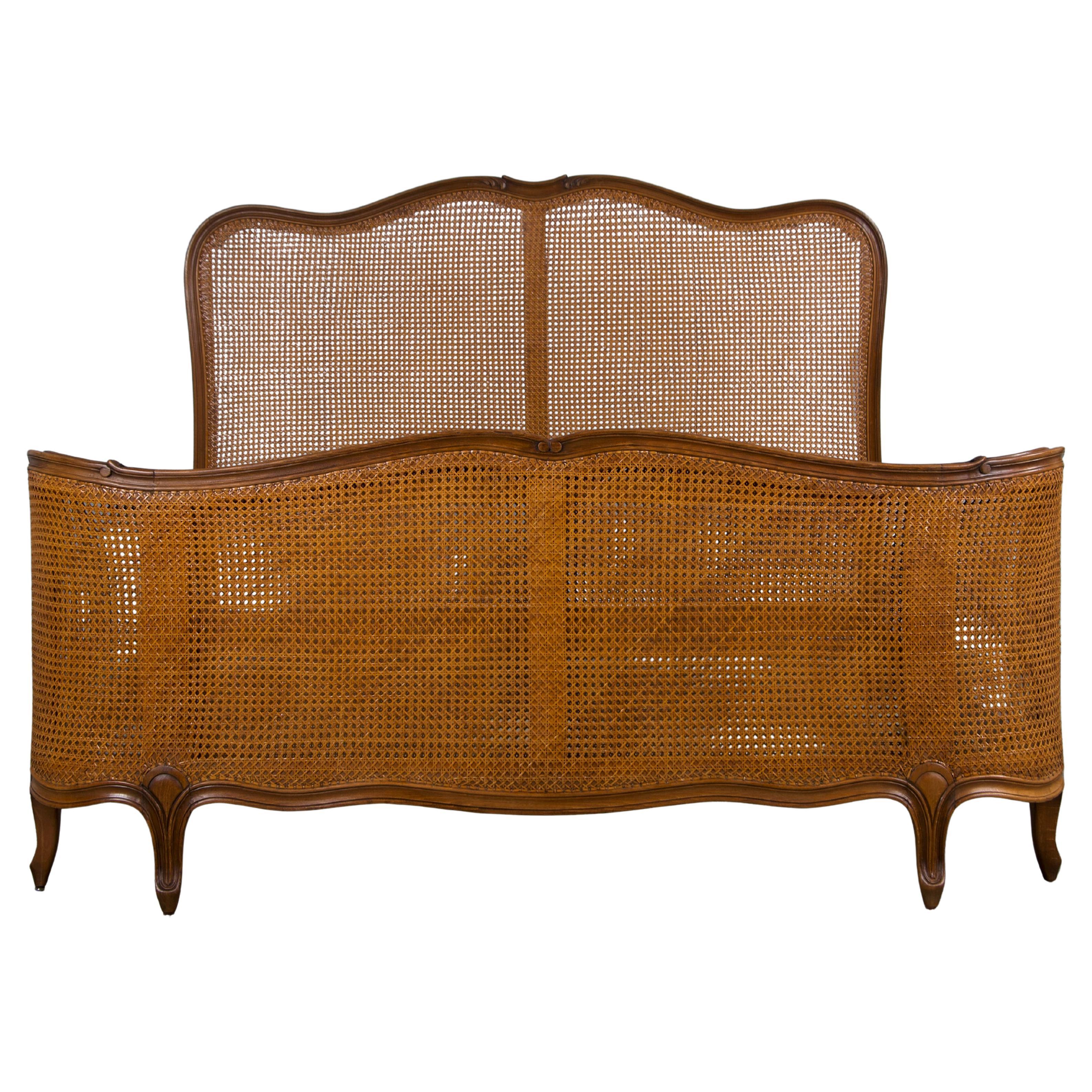 Antique French Louis XV Style Provincial Maple Cane Fullsize Bedframe