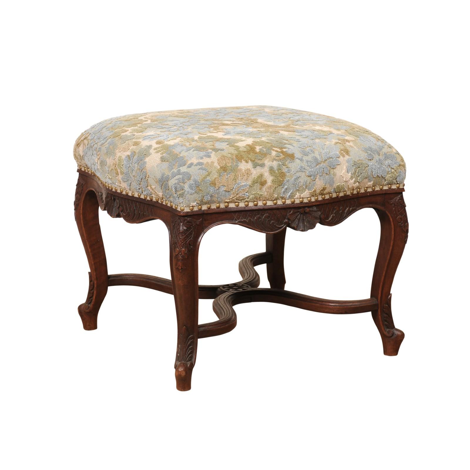 Tabouret provincial français ancien de style Louis XV en vachette et tout tissu Walden en vente 4