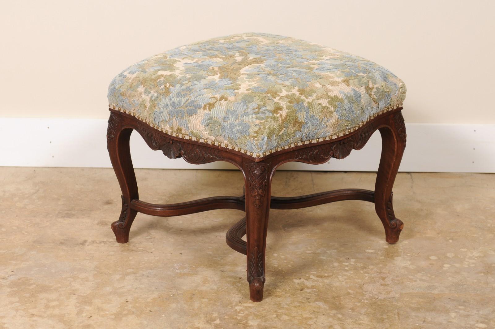 Tabouret provincial français ancien de style Louis XV en vachette et tout tissu Walden en vente 2