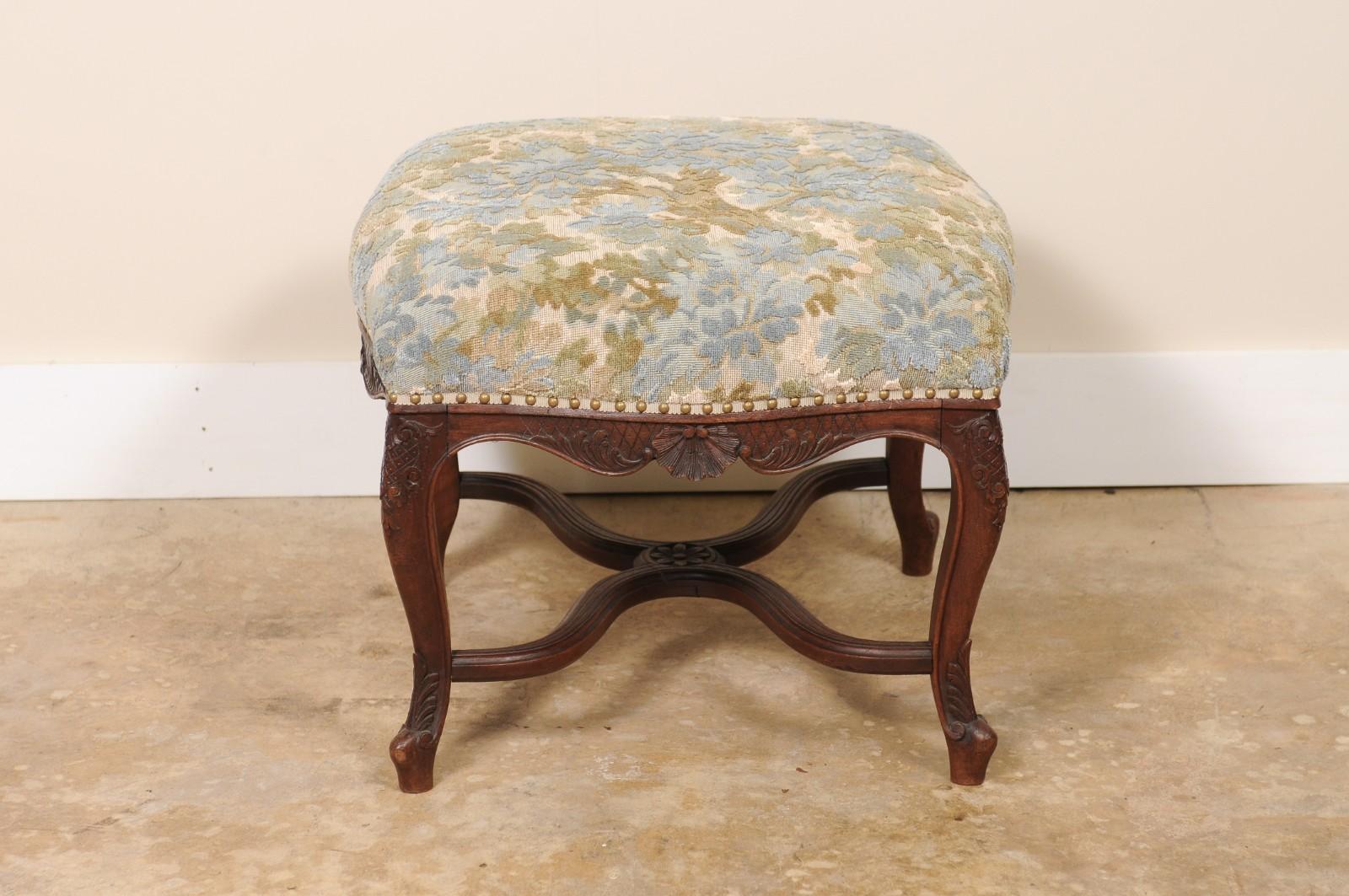 Tabouret provincial français ancien de style Louis XV en vachette et tout tissu Walden en vente 3