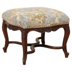 Tabouret provincial français ancien de style Louis XV en vachette et tout tissu Walden