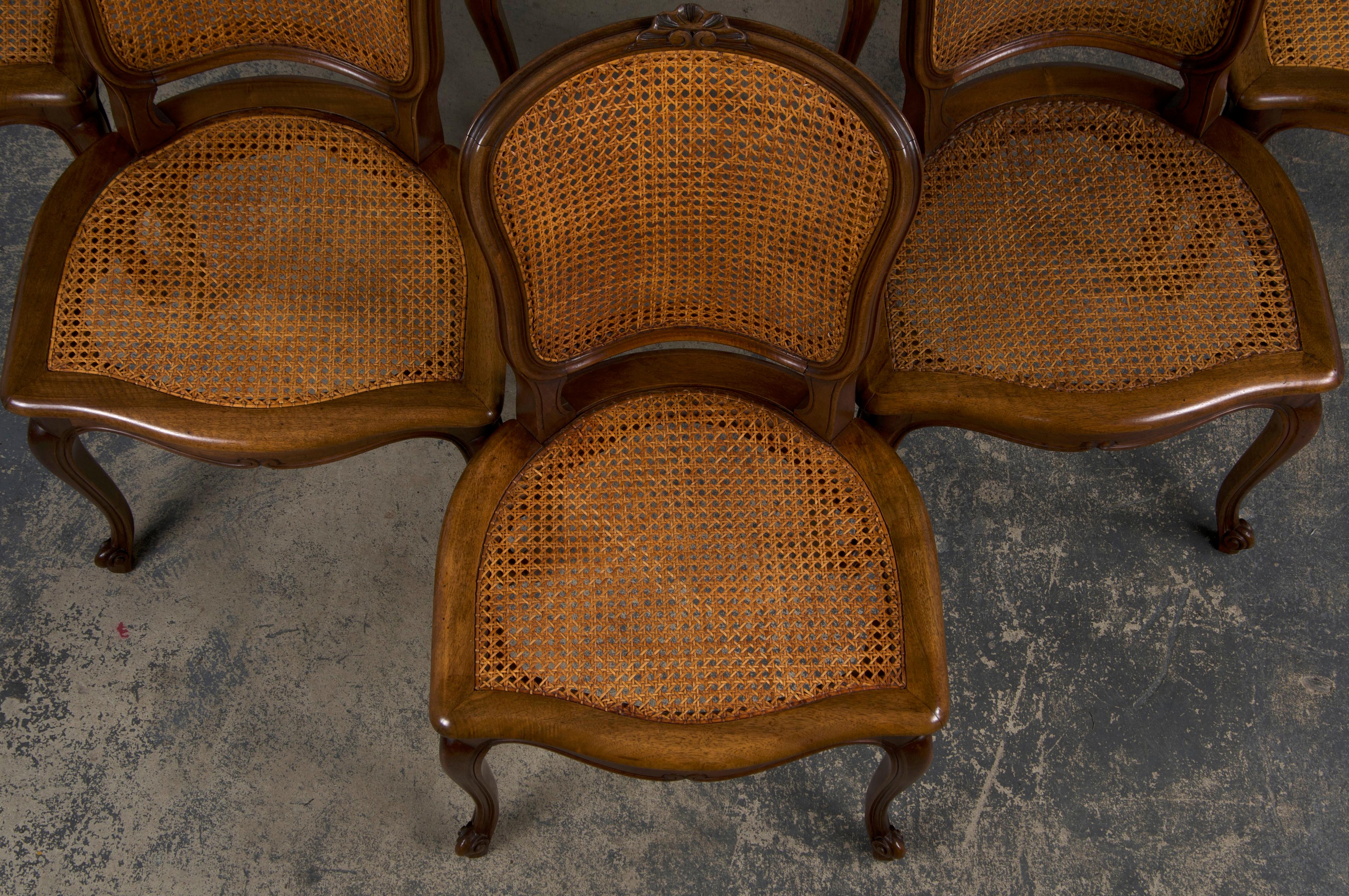 Antique French Louis XV Style Provincial Walnut and Cane Dining Chairs- Set of 8 In Good Condition In Astoria, NY