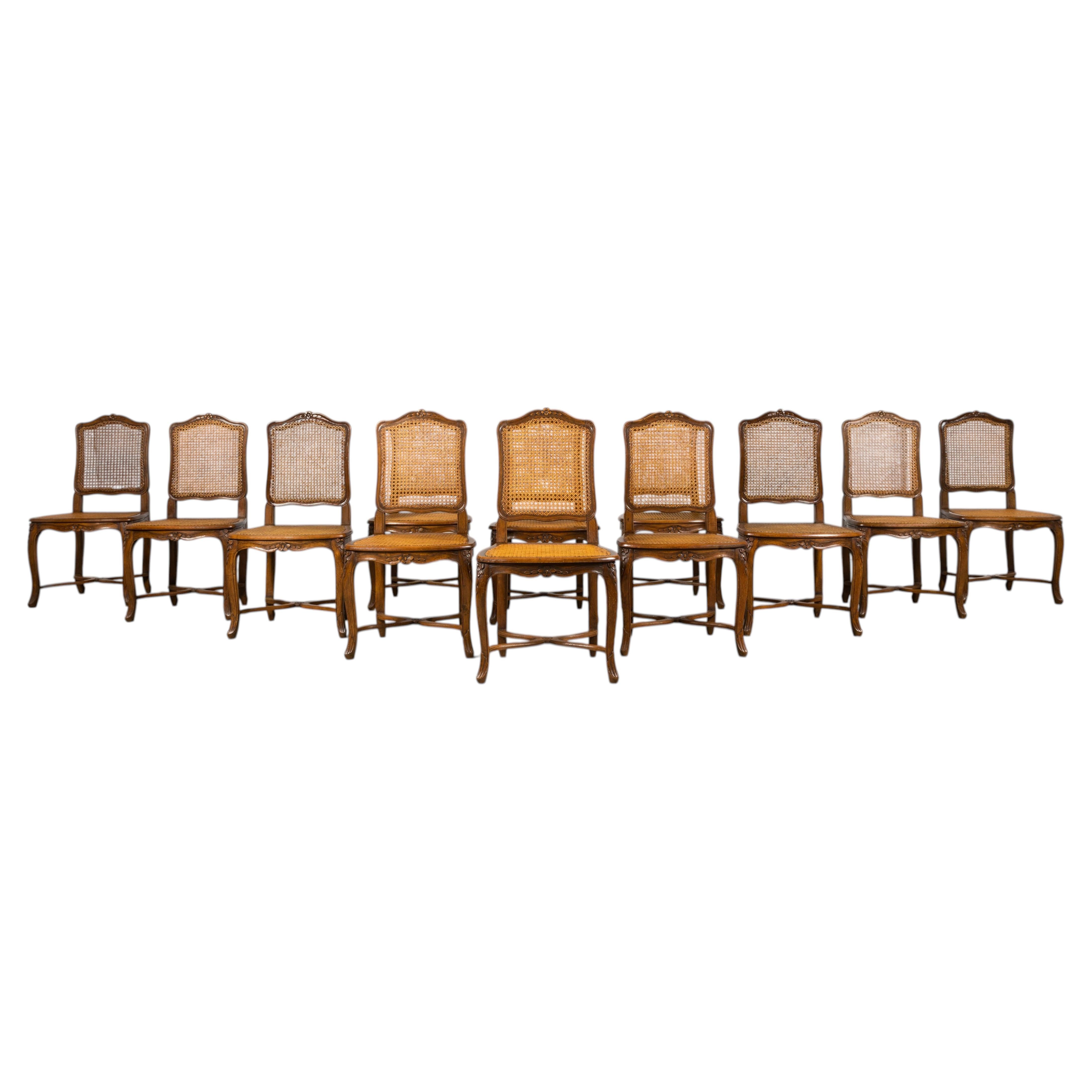 Antique French Louis XV Style Provincial Walnut Cane Dining Chairs, Set of 12
