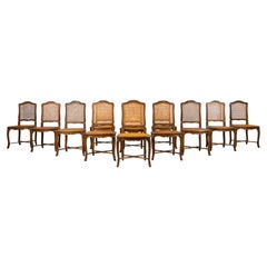 Antique French Louis XV Style Provincial Walnut Cane Dining Chairs, Set of 12