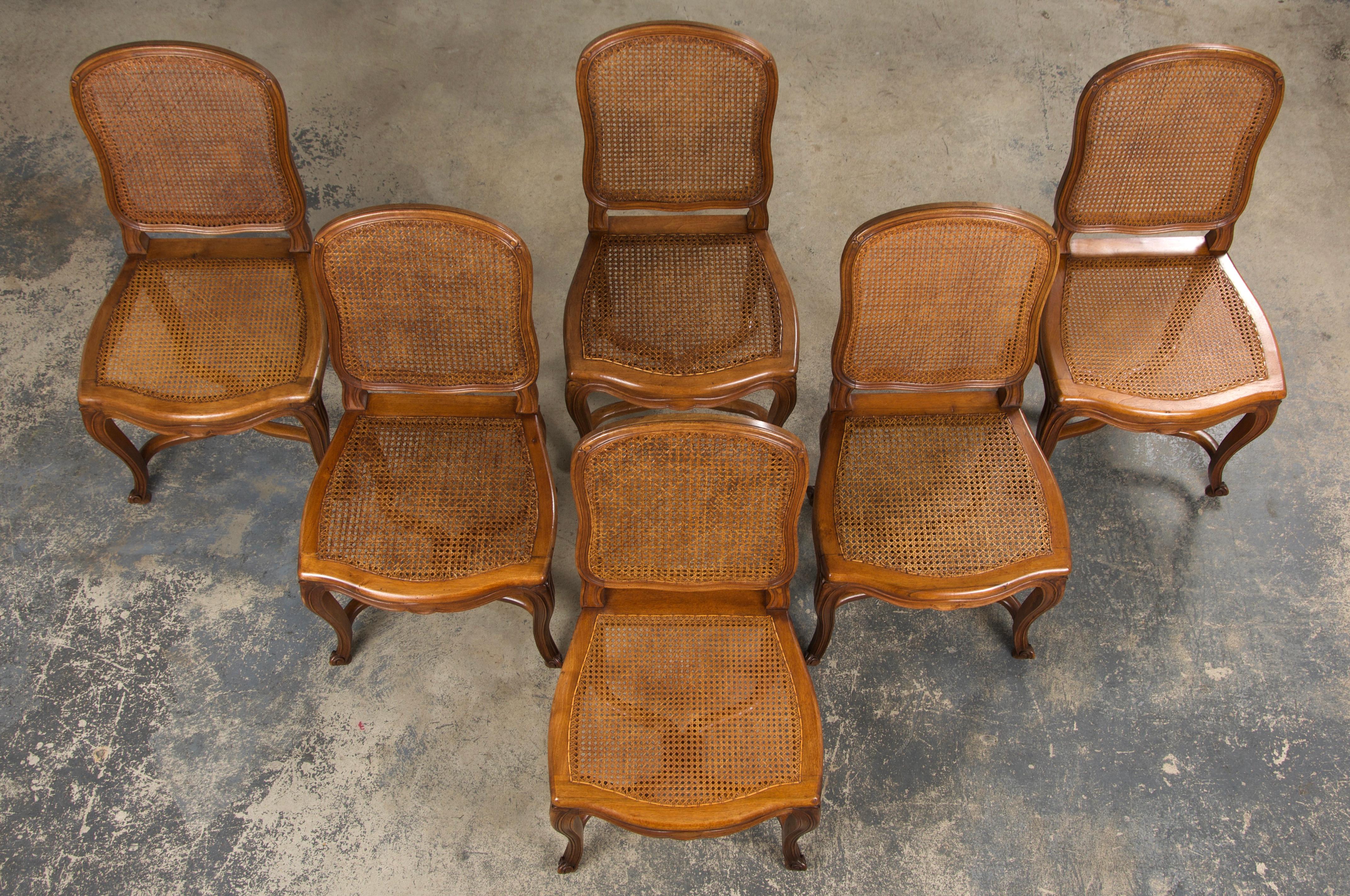 Hand-Carved Antique French Louis XV Style Provincial Walnut Cane Dining Chairs - Set of 6