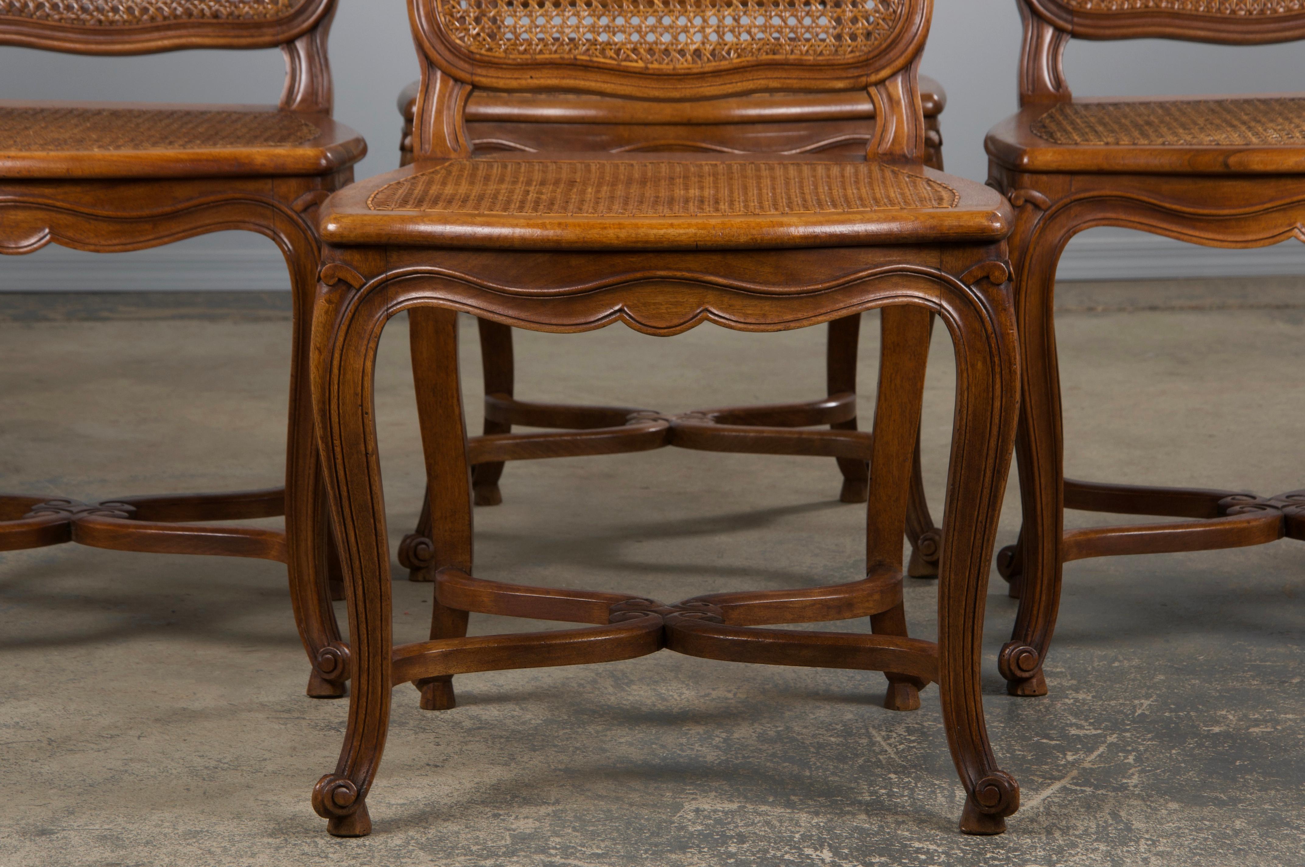 19th Century Antique French Louis XV Style Provincial Walnut Cane Dining Chairs - Set of 6