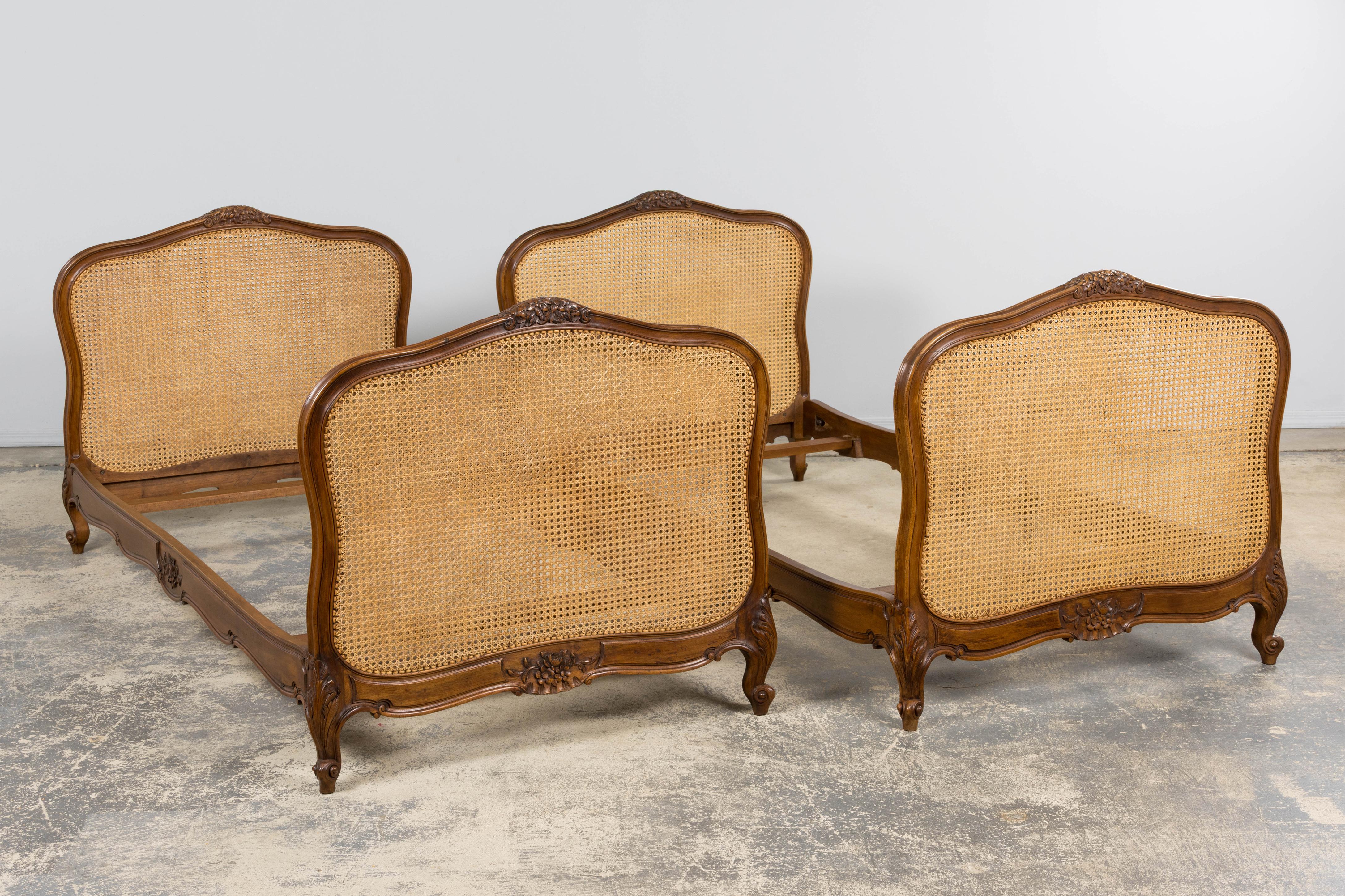 XIX secolo Antique French Louis XV Style Provincial Walnut Twin Size Bed Frames - A Pair in vendita