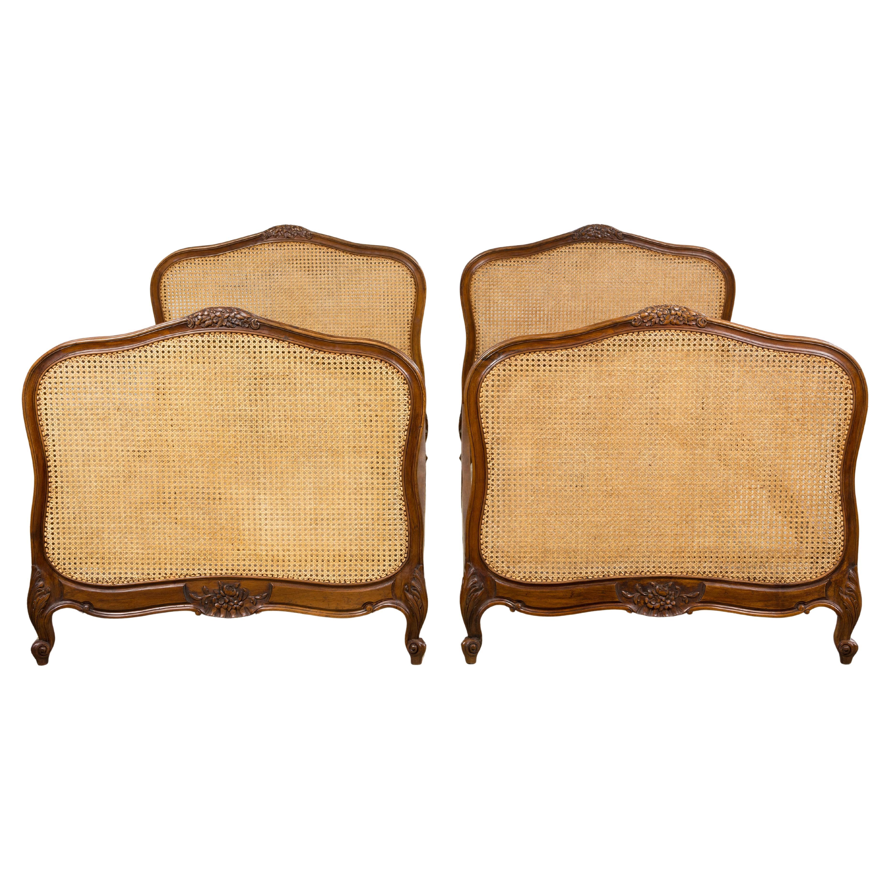 Antique French Louis XV Style Provincial Walnut Twin Size Bed Frames - A Pair