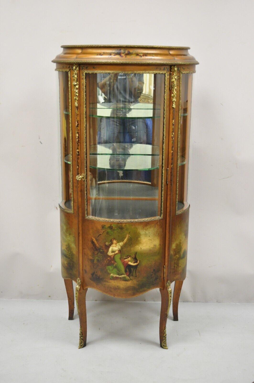Antique French Louis XV Style Small Bowed Glass Painted Curio Display Cabinet For Sale 5