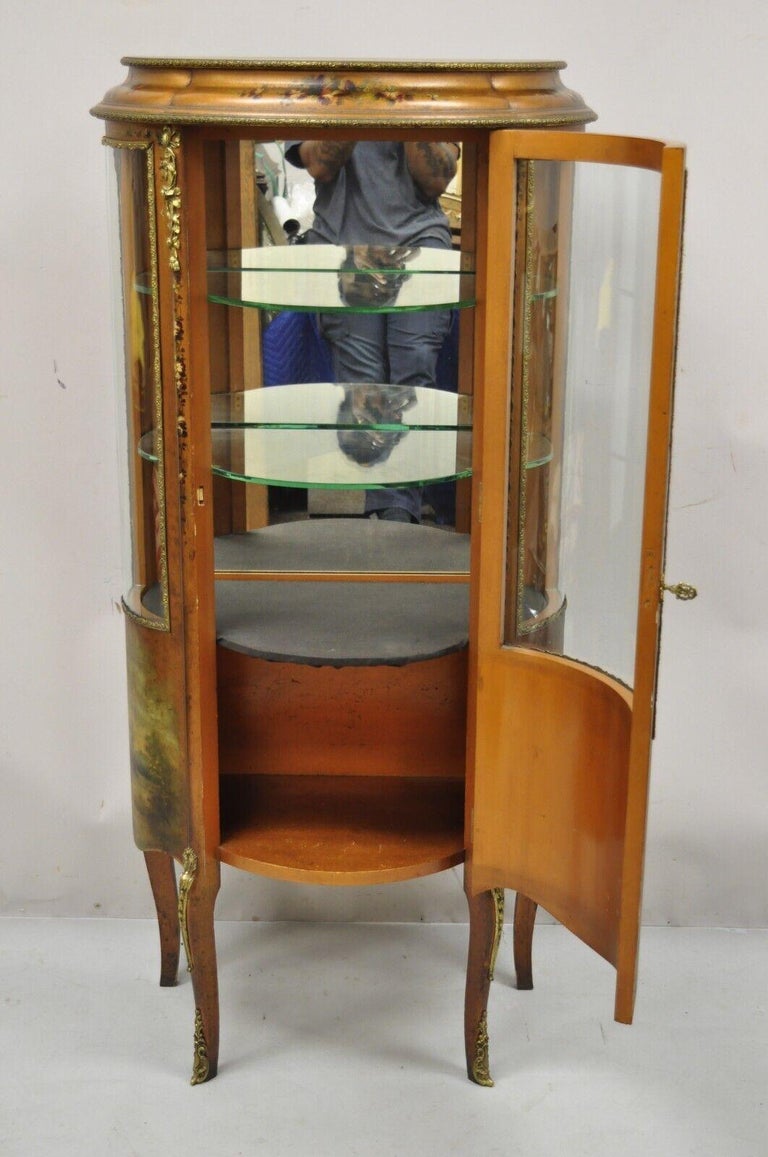 Antique French Louis XV Style Small Bowed Glass Painted Curio Display