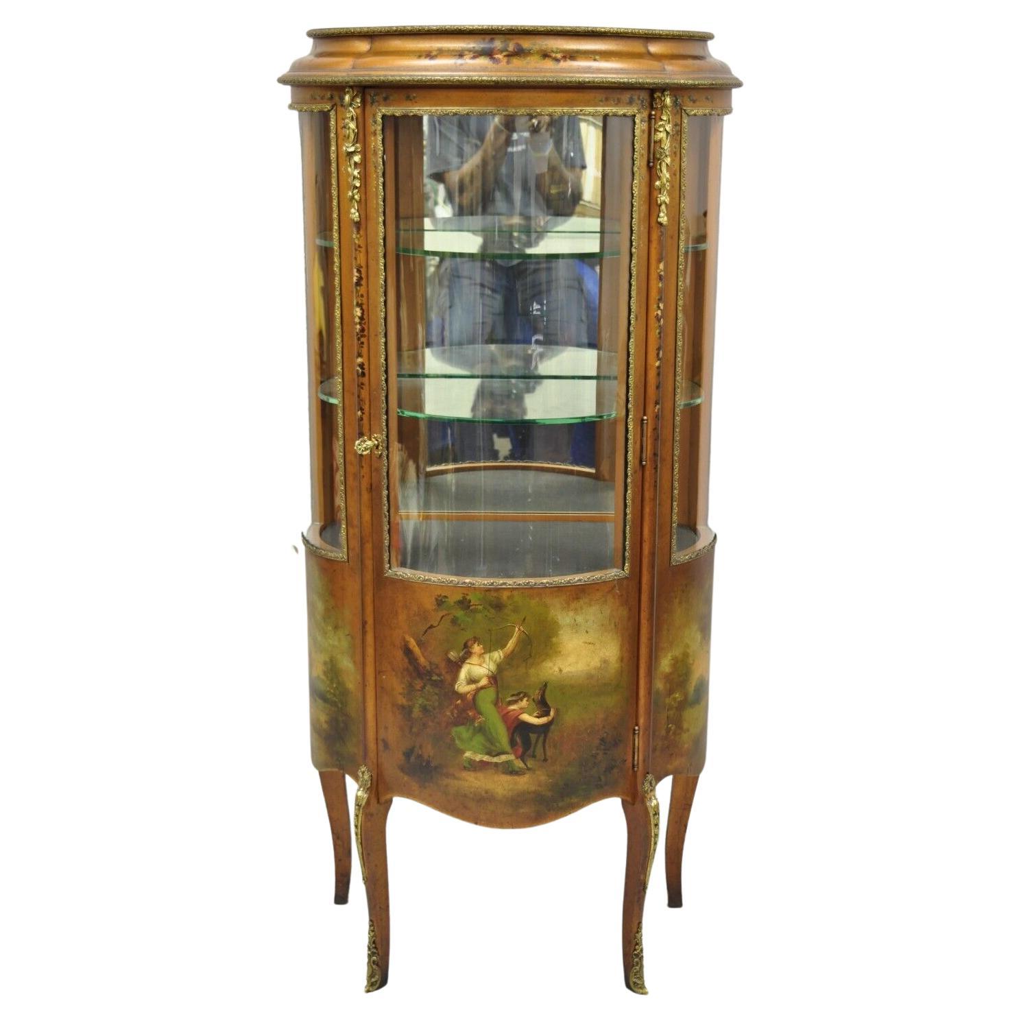 Antique French Louis XV Style Small Bowed Glass Painted Curio Display Cabinet