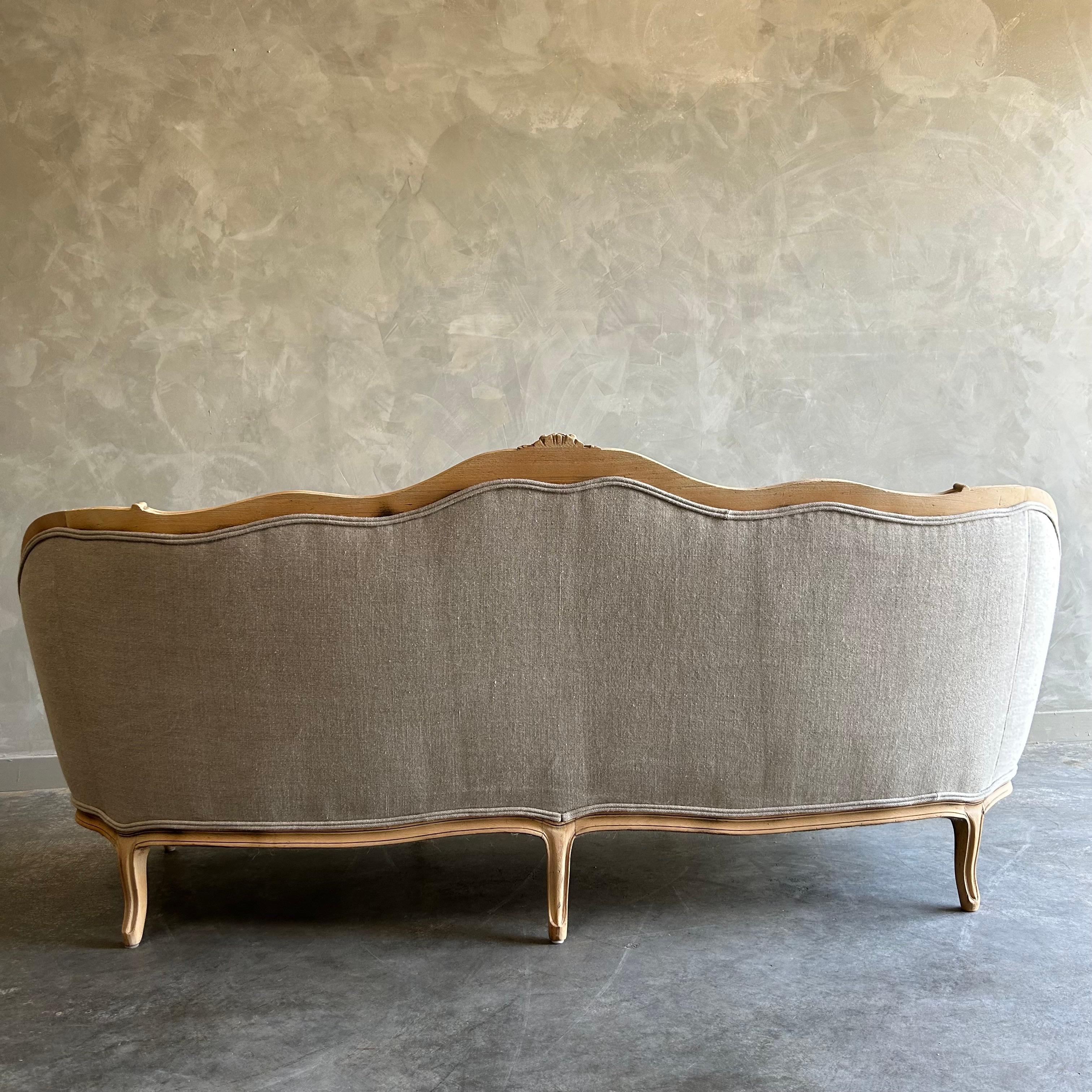 20th Century Antique French Louis XV Style Sofa in Bleached Oak and Irish Linen Upholstery