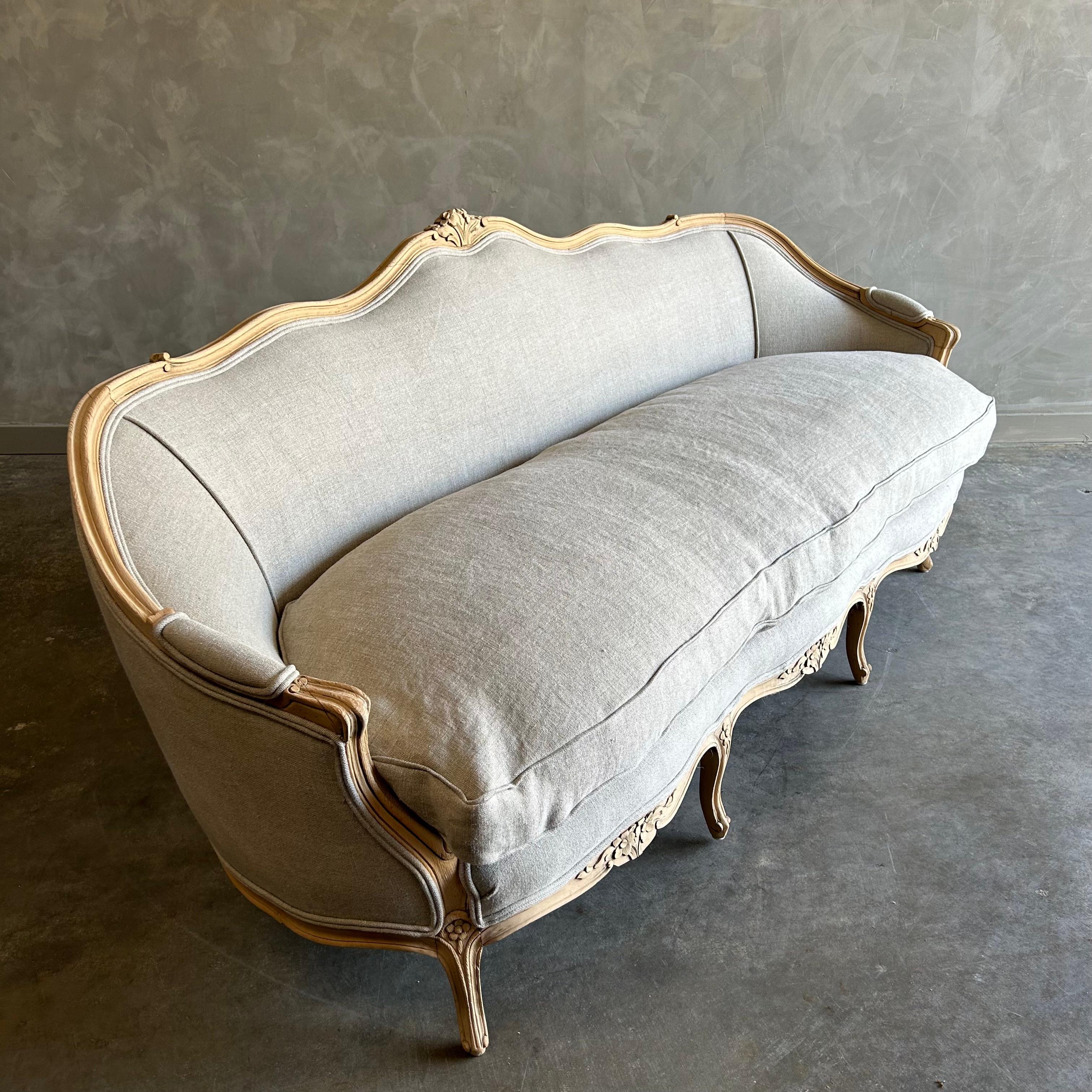 European Antique French Louis XV Style Sofa in Bleached Oak and Irish Linen Upholstery