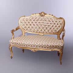 Antique French Louis XV Style Three-Piece Giltwood Upholstered Parlor Set, c1890