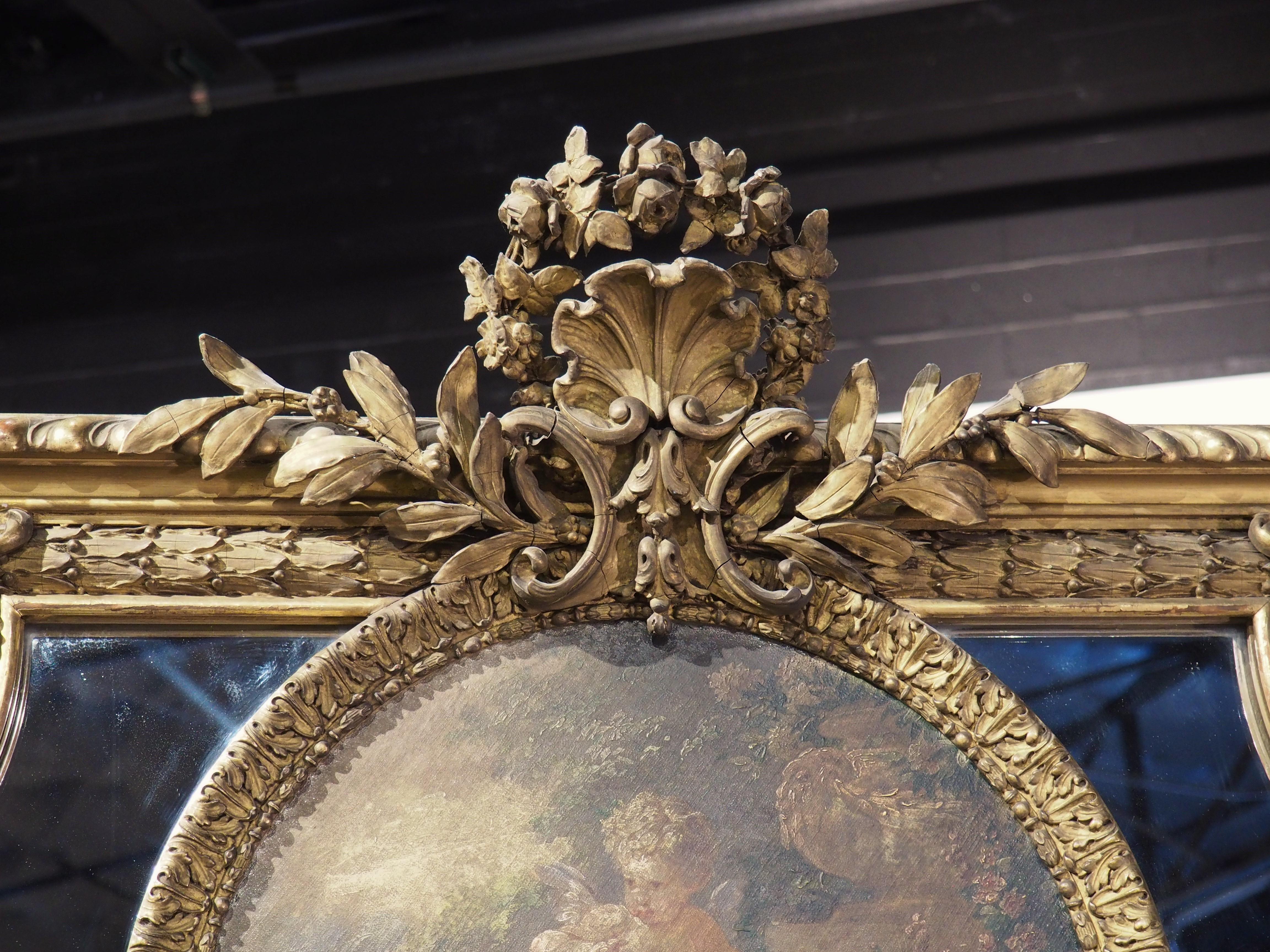 Antique French Louis XV Style Trumeau Mirror with Oil on Canvas Painting 9