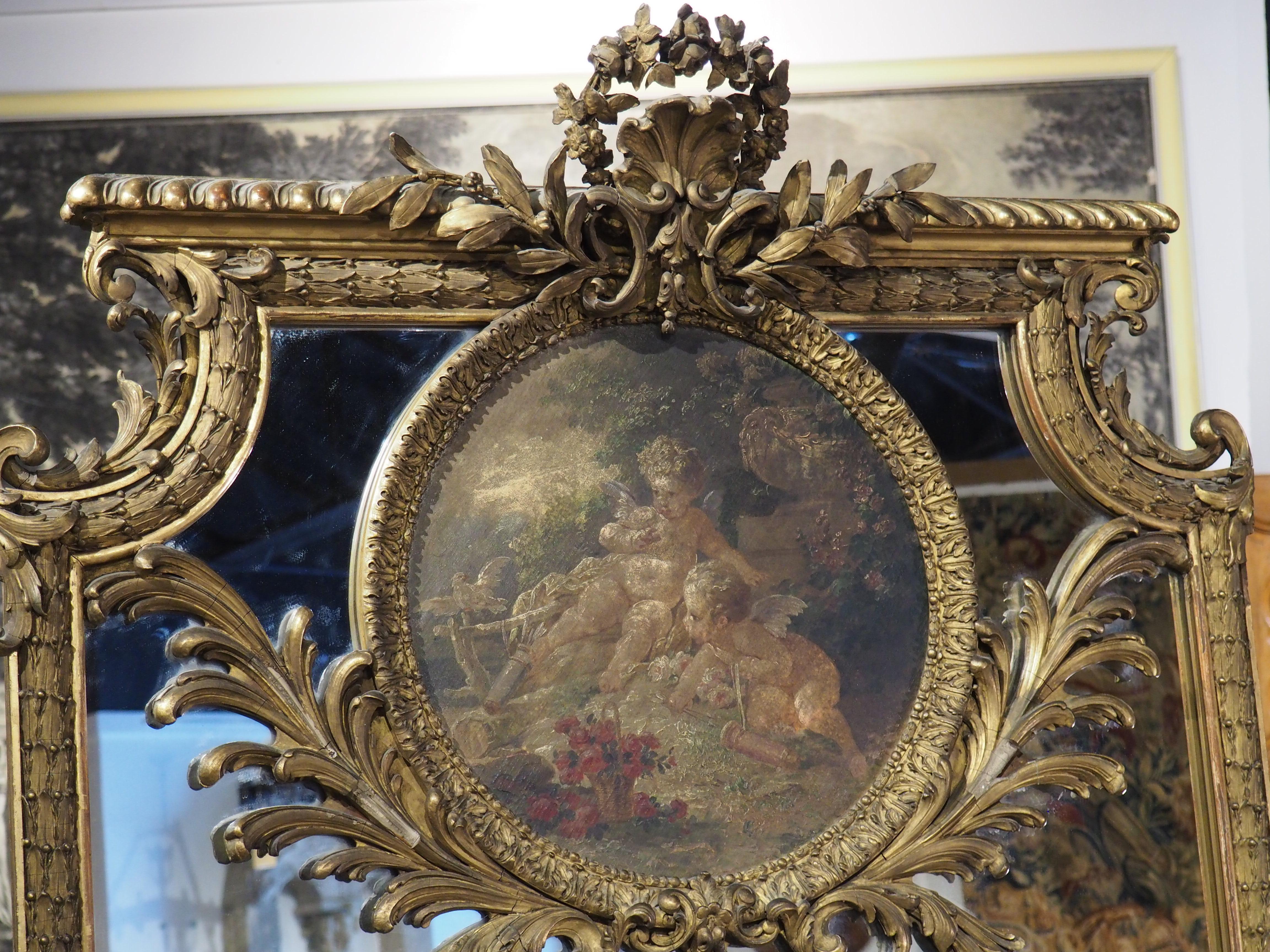 Antique French Louis XV Style Trumeau Mirror with Oil on Canvas Painting 11