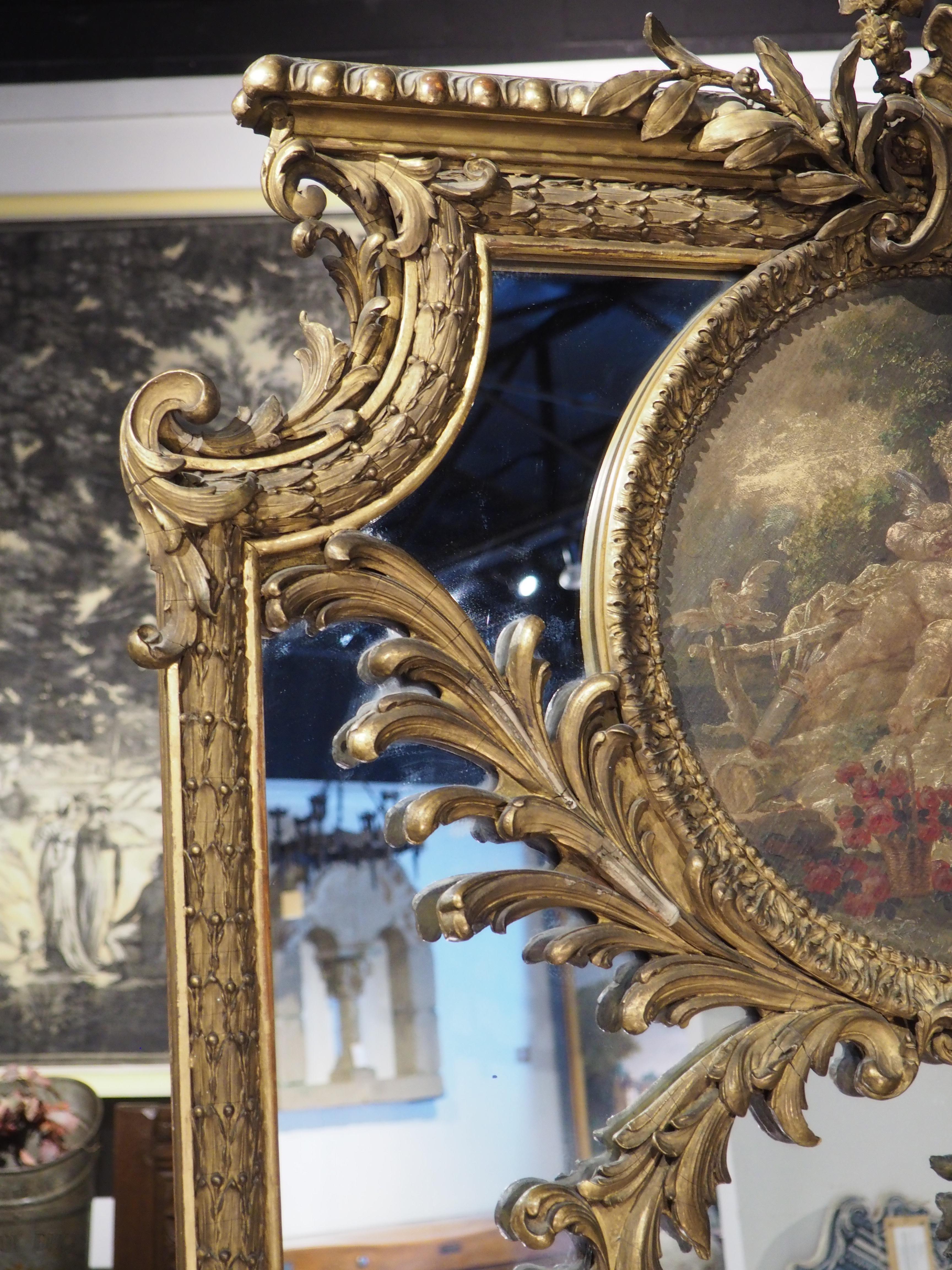 Hand-Painted Antique French Louis XV Style Trumeau Mirror with Oil on Canvas Painting