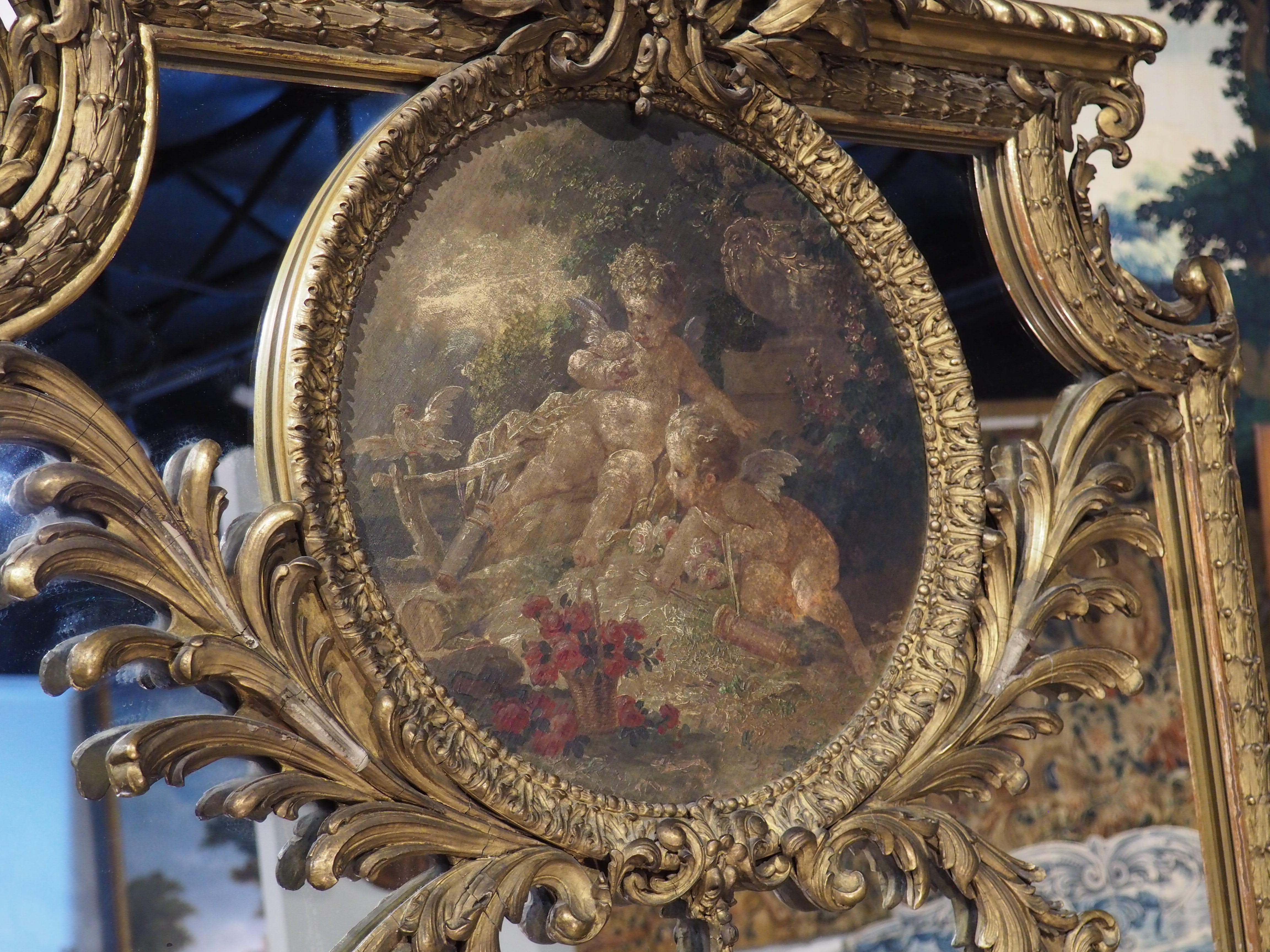 Antique French Louis XV Style Trumeau Mirror with Oil on Canvas Painting In Good Condition In Dallas, TX