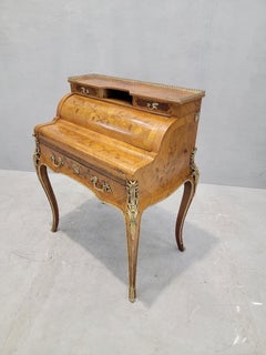 Antique French Louis XV Style Tulip & Rosewood Marquetry Roll-Top Writing Desk