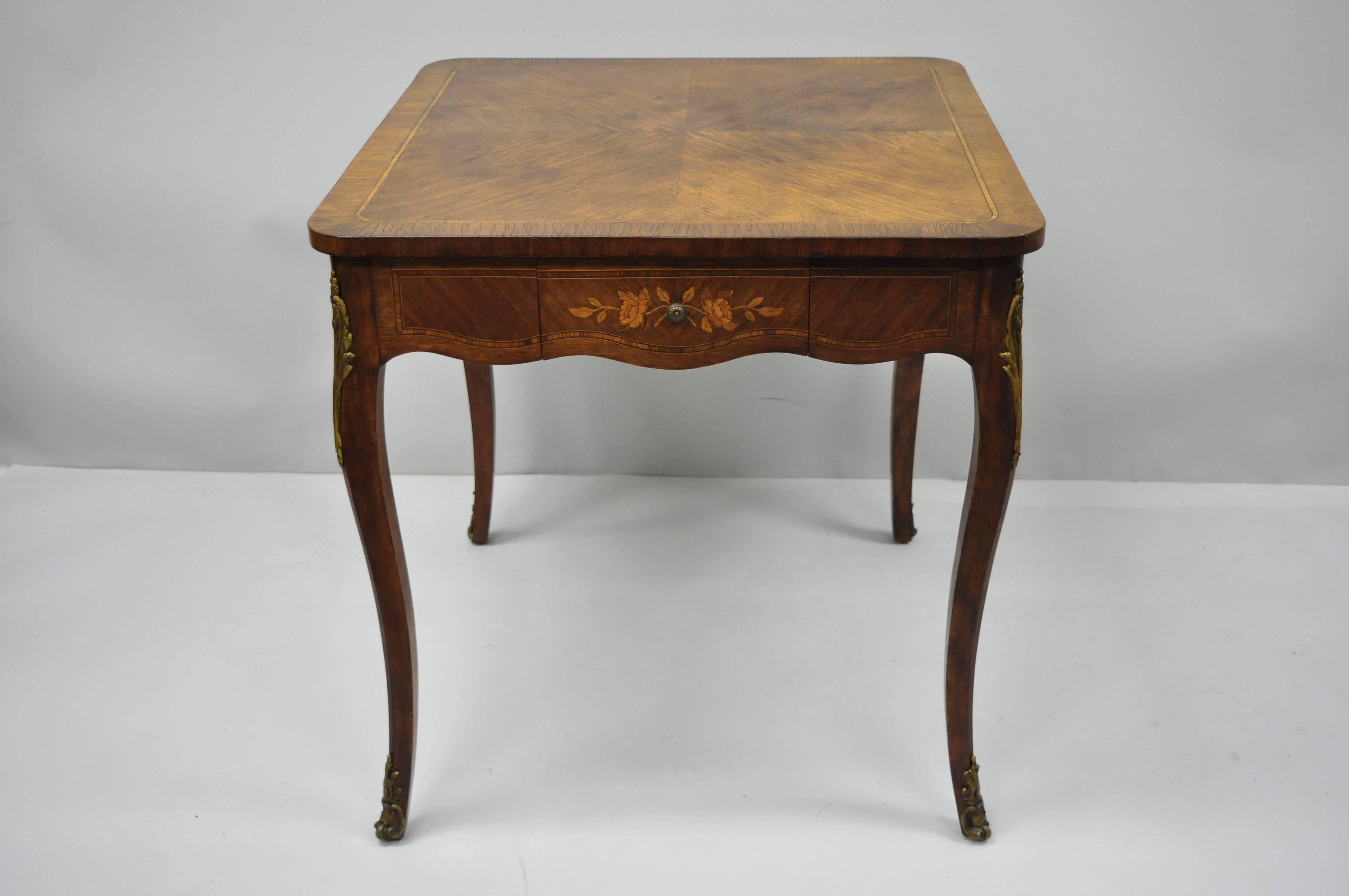 Antique French Louis XV Style Two-Drawer Inlaid Card Game Table Stamped France In Fair Condition In Philadelphia, PA