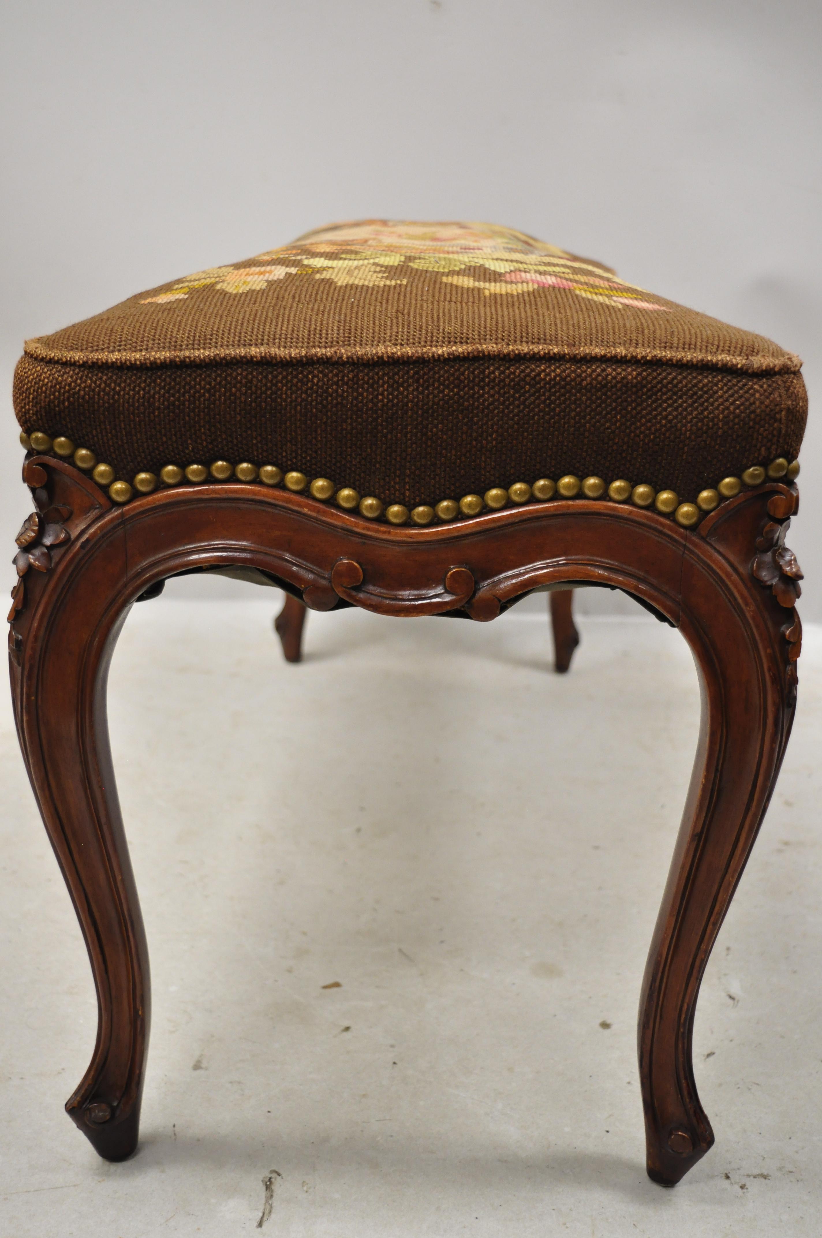Antique French Louis XV Style Victorian Carved Mahogany Needlepoint Brown Bench 4