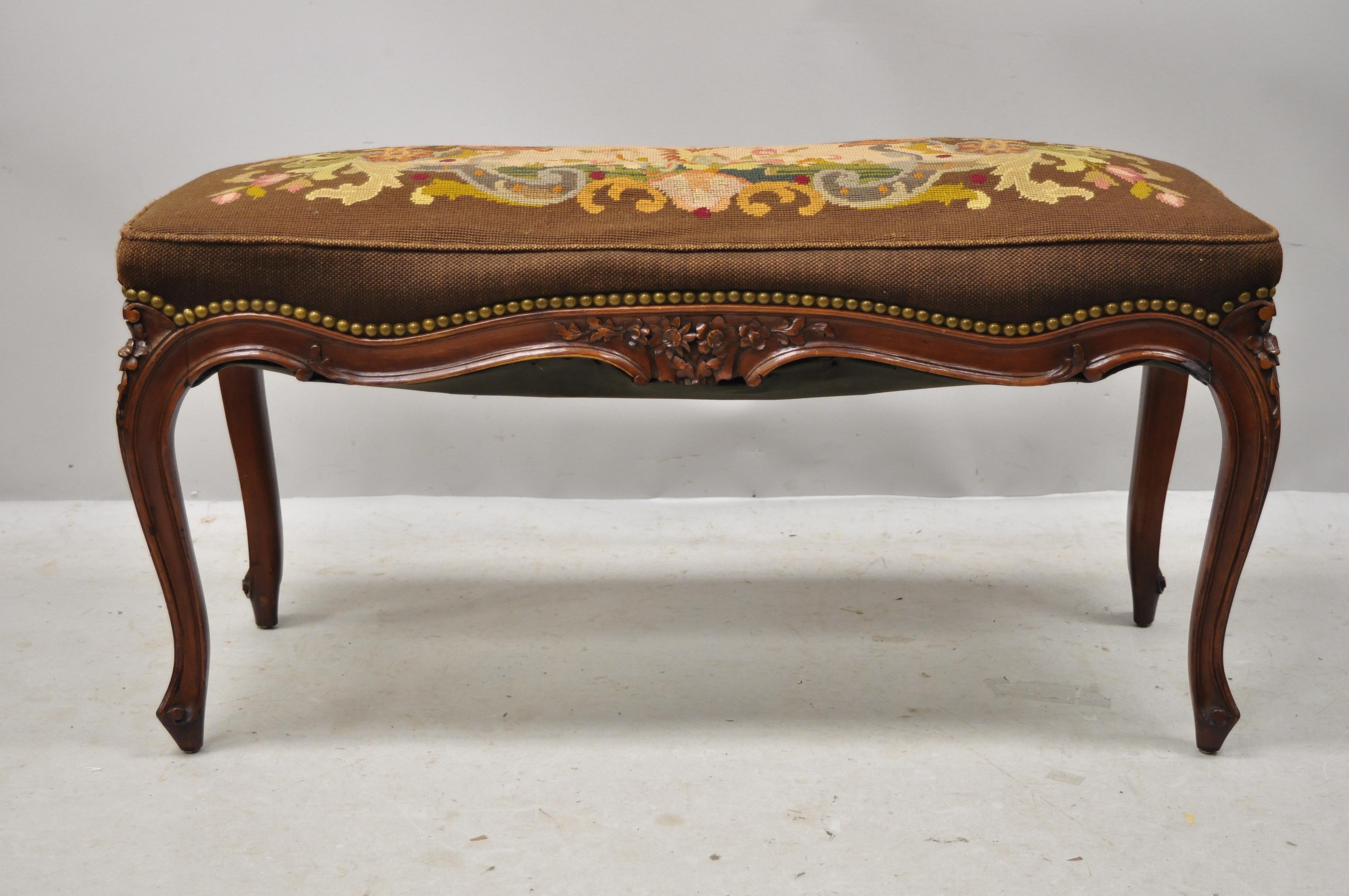 Antique French Louis XV Style Victorian Carved Mahogany Needlepoint Brown Bench 5