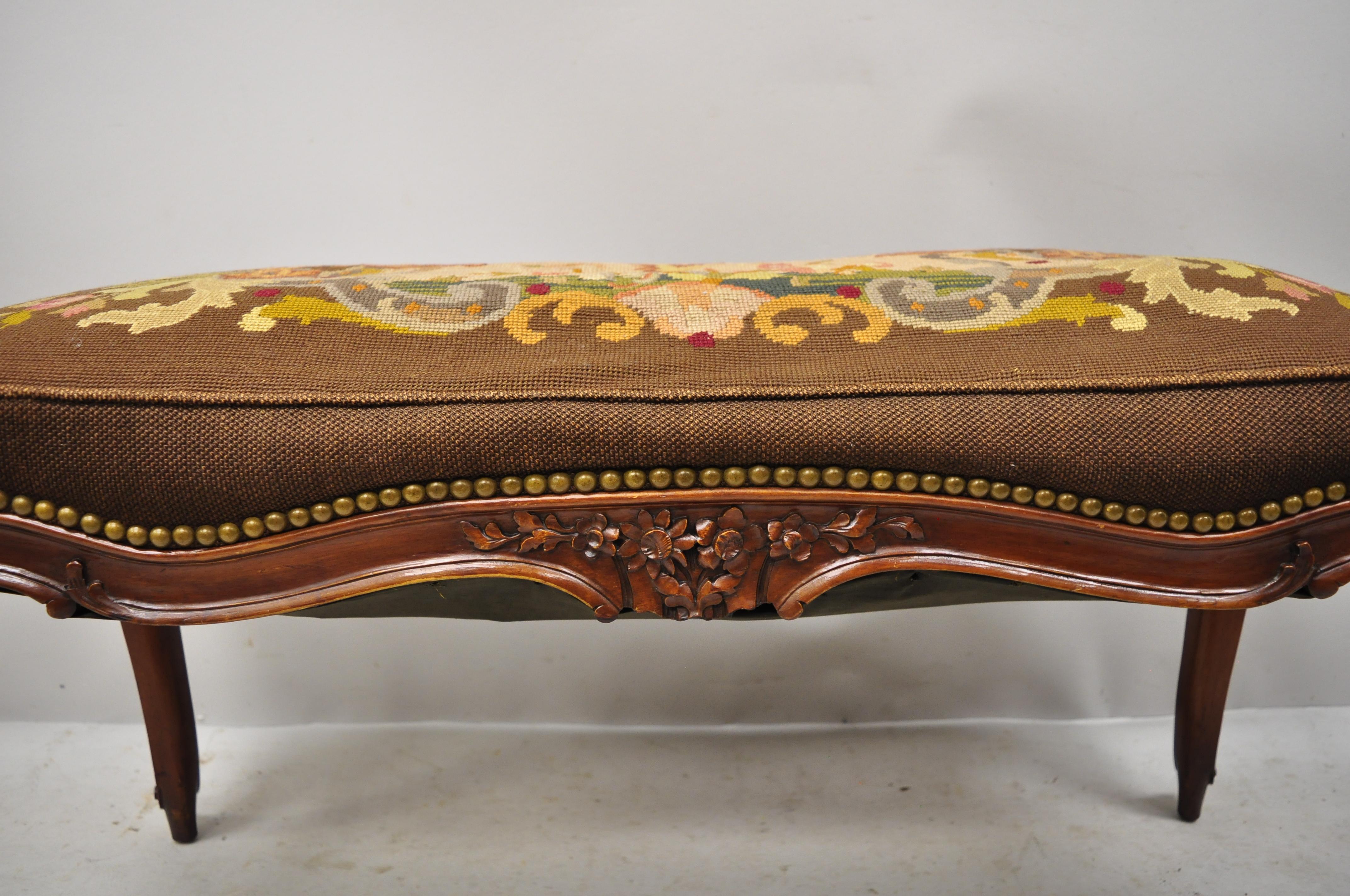 Antique French Louis XV Style Victorian Carved Mahogany Needlepoint Brown Bench In Good Condition In Philadelphia, PA