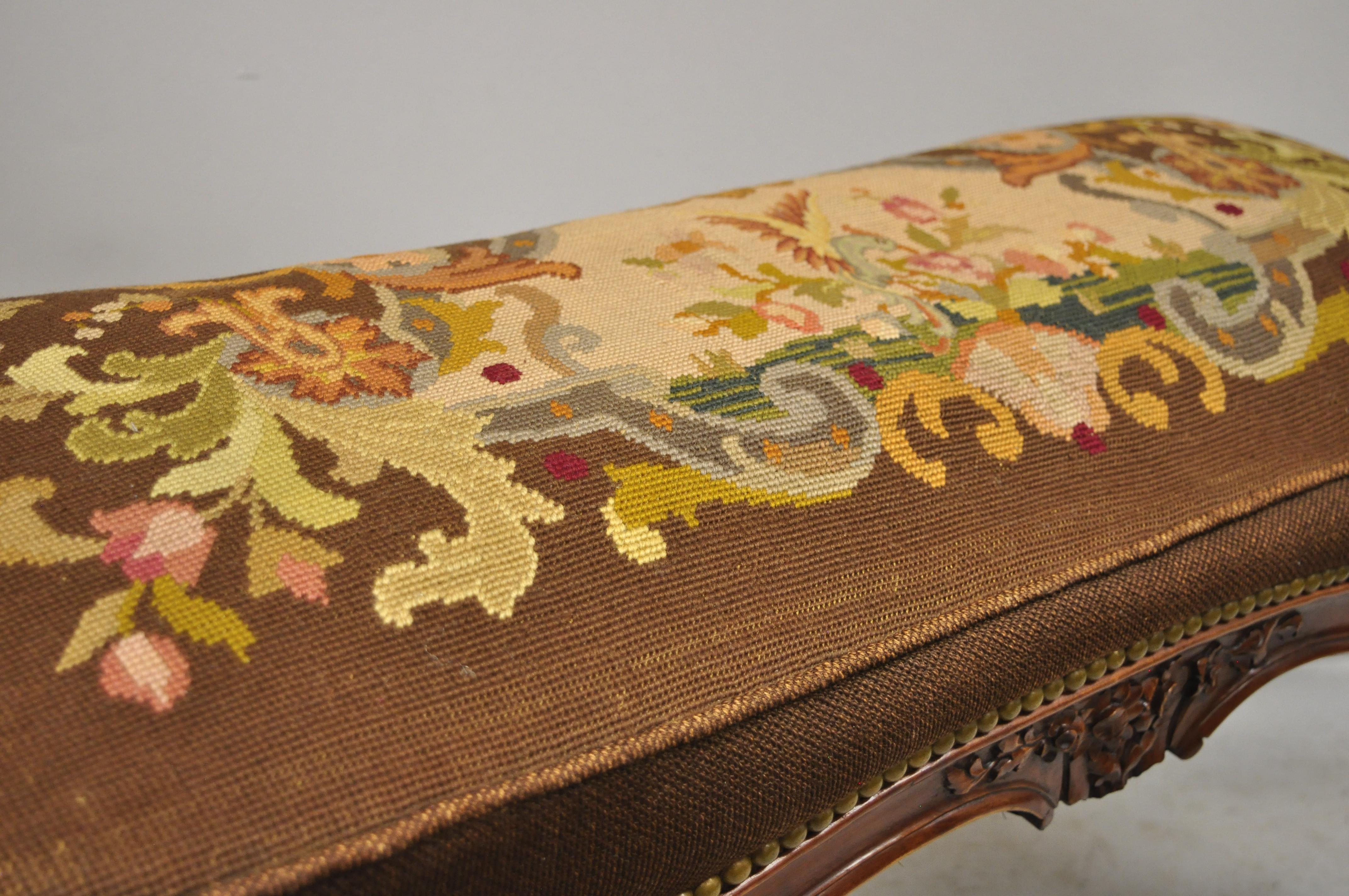 Antique French Louis XV Style Victorian Carved Mahogany Needlepoint Brown Bench 3