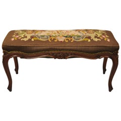 Antique French Louis XV Style Victorian Carved Mahogany Needlepoint Brown Bench