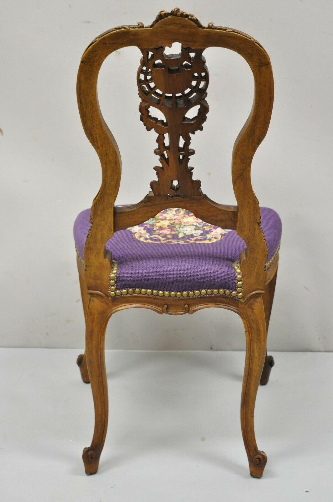 Antique French Louis XV Style Victorian Mahogany Side Chair Purple Needlepoint 5