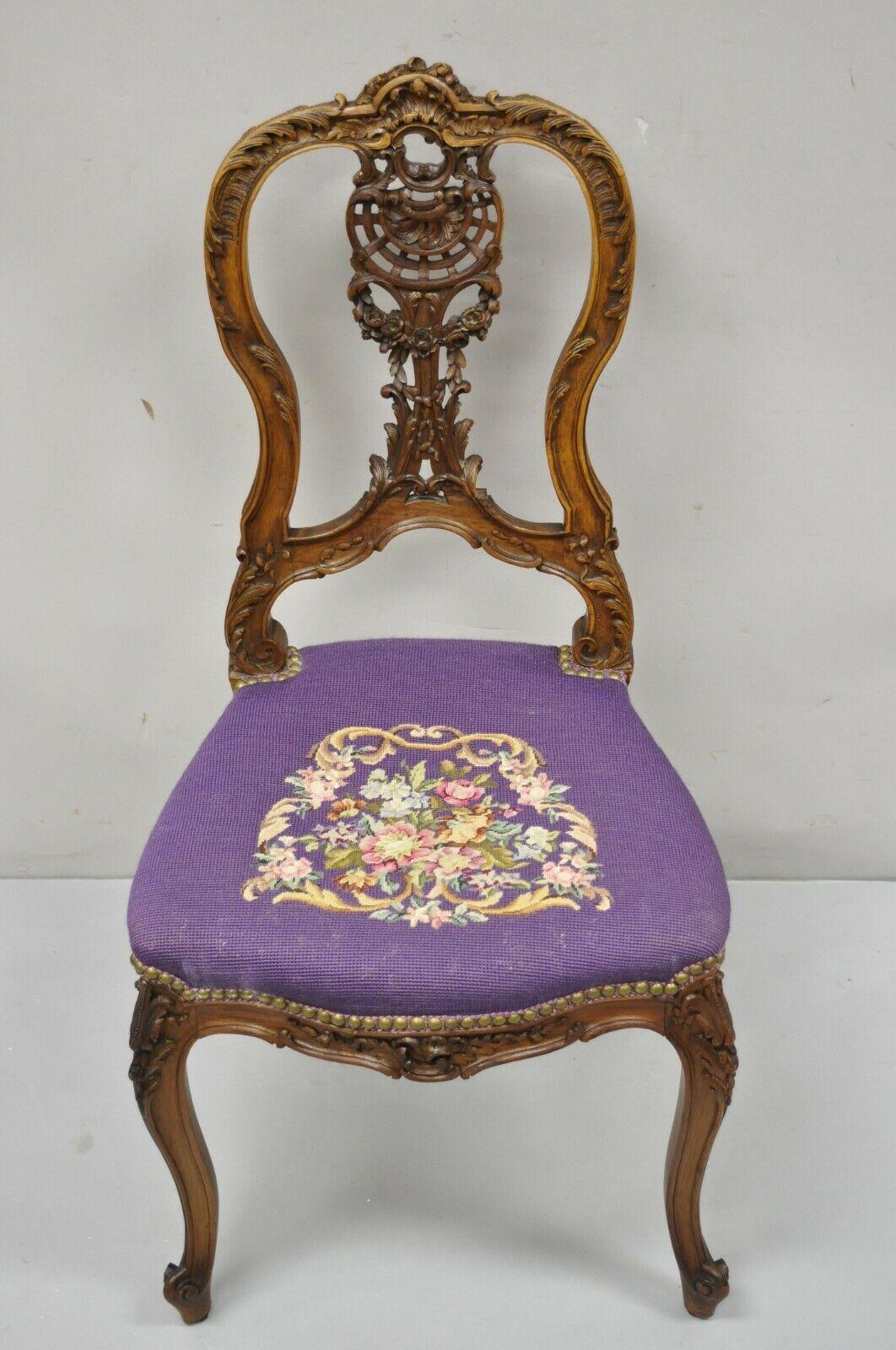 Antique French Louis XV Style Victorian Mahogany Side Chair Purple Needlepoint 6