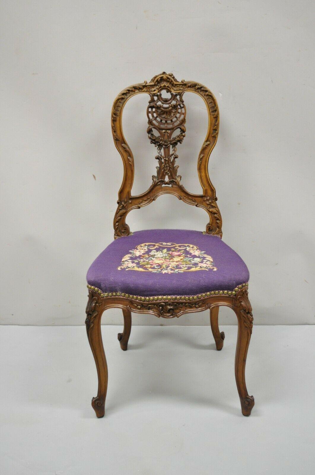 Antique French Louis XV Style Victorian Mahogany Side Chair Purple Needlepoint 7