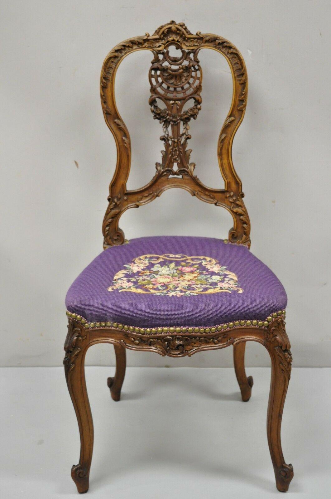 Antique French Louis XV Style Victorian carved mahogany accent side chair purple needlepoint. Item features purple needlepoint floral print seat, solid wood frame, nicely carved details, cabriole legs, very nice antique item, quality craftsmanship,