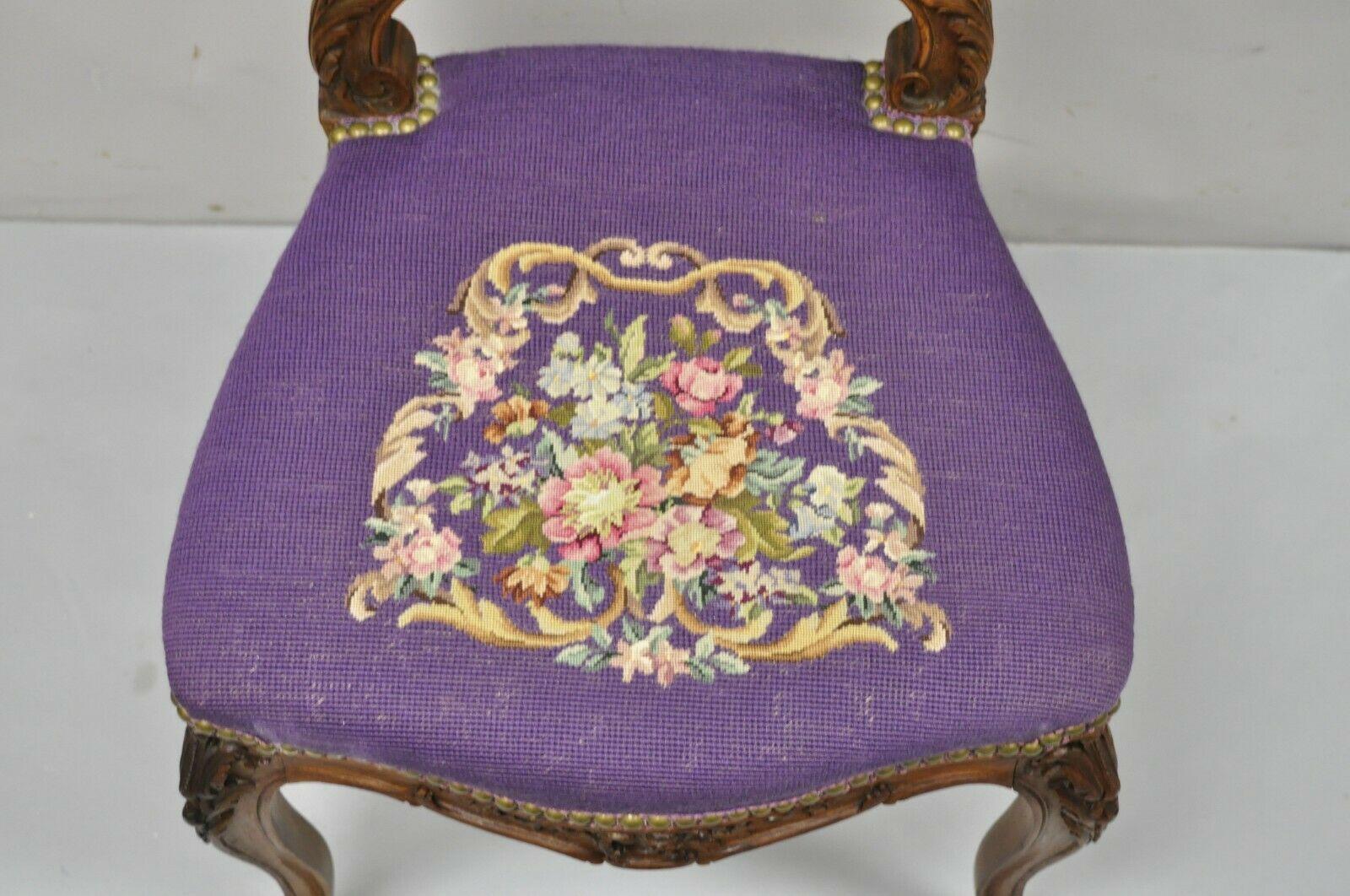 Fabric Antique French Louis XV Style Victorian Mahogany Side Chair Purple Needlepoint