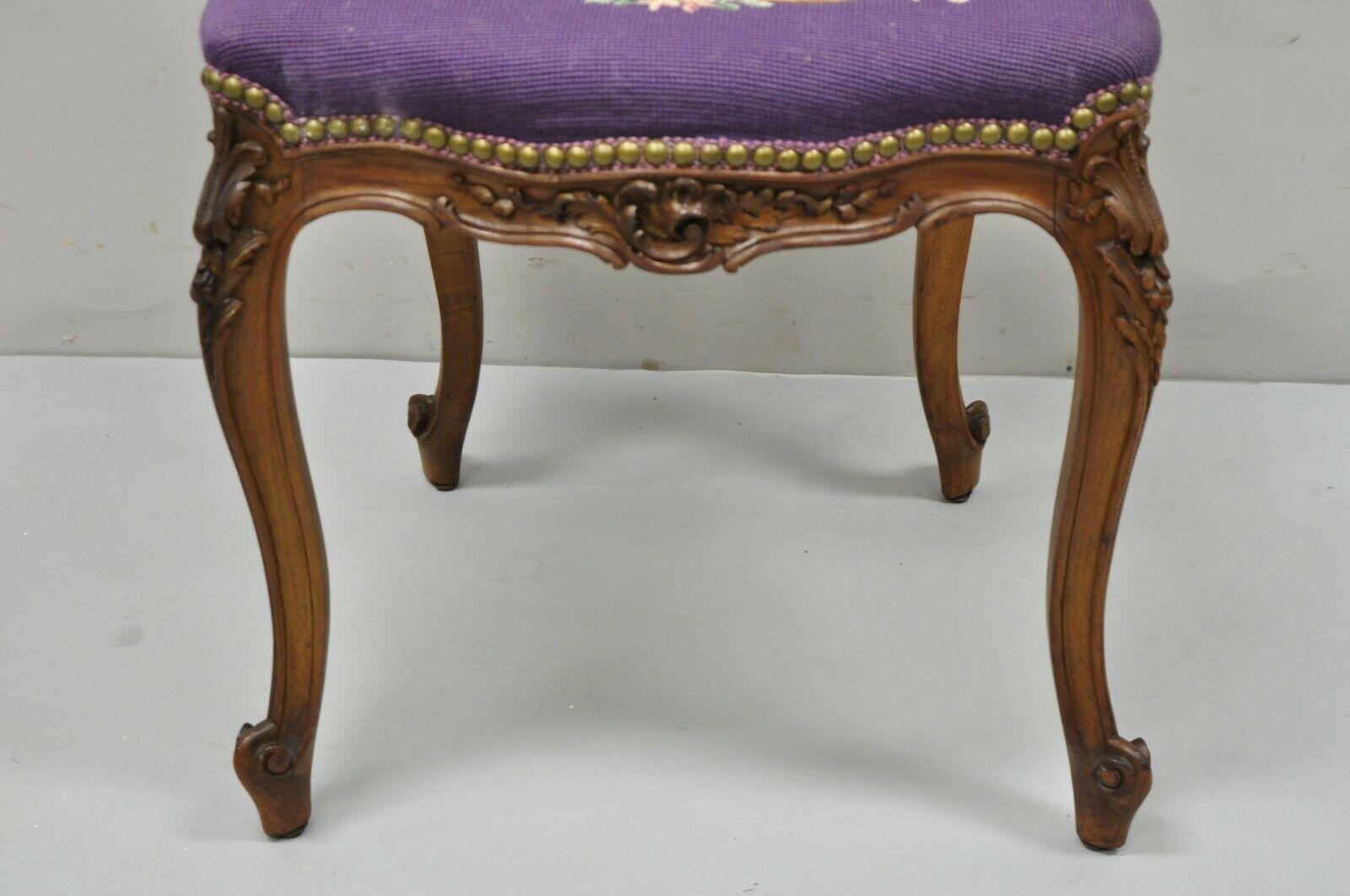 Antique French Louis XV Style Victorian Mahogany Side Chair Purple Needlepoint 1