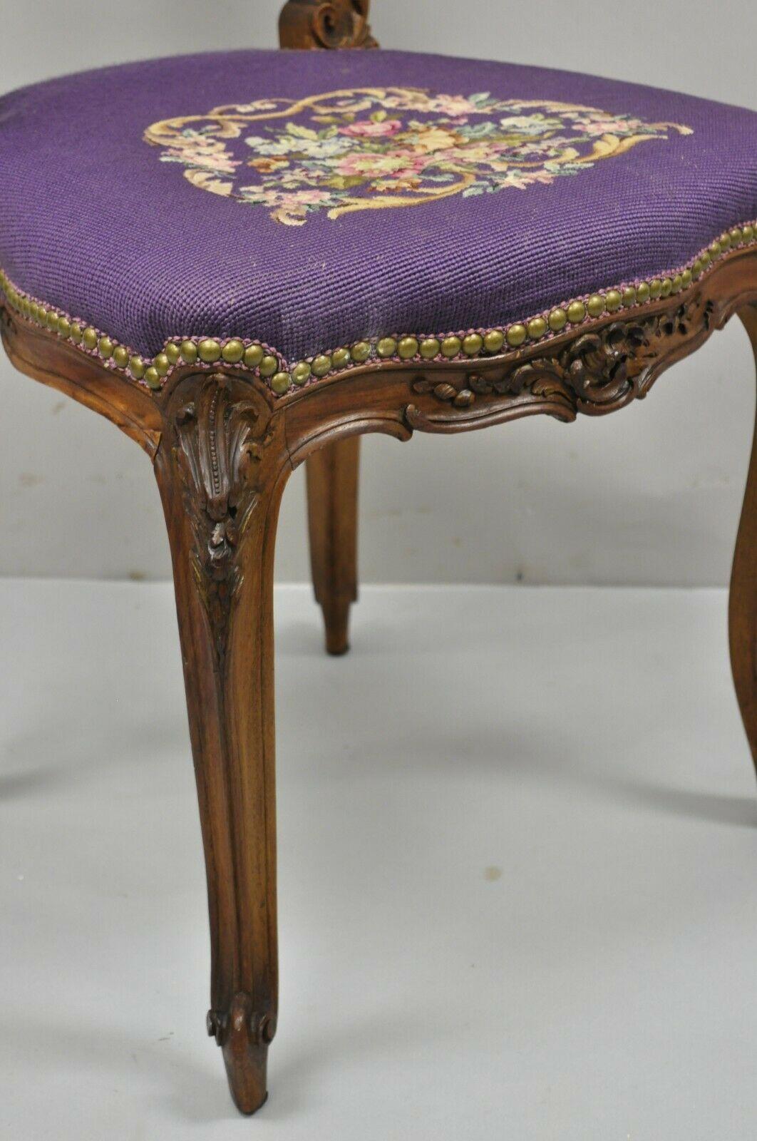 Antique French Louis XV Style Victorian Mahogany Side Chair Purple Needlepoint 2