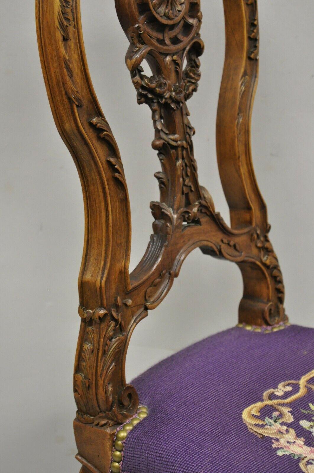 Antique French Louis XV Style Victorian Mahogany Side Chair Purple Needlepoint 3