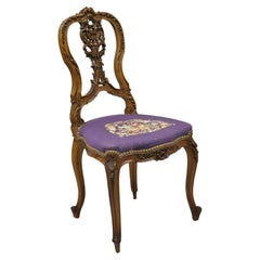 Antique French Louis XV Style Victorian Mahogany Side Chair Purple Needlepoint