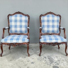 Antique French Louis XV Style Walnut Bergere Chairs In Blue & White - Pair