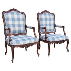 Antique French Louis XV Style Walnut Bergere Chairs In Blue & White - Pair