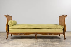 Antique French Louis XV Style Walnut Cane Daybed W/ Light Green Linen