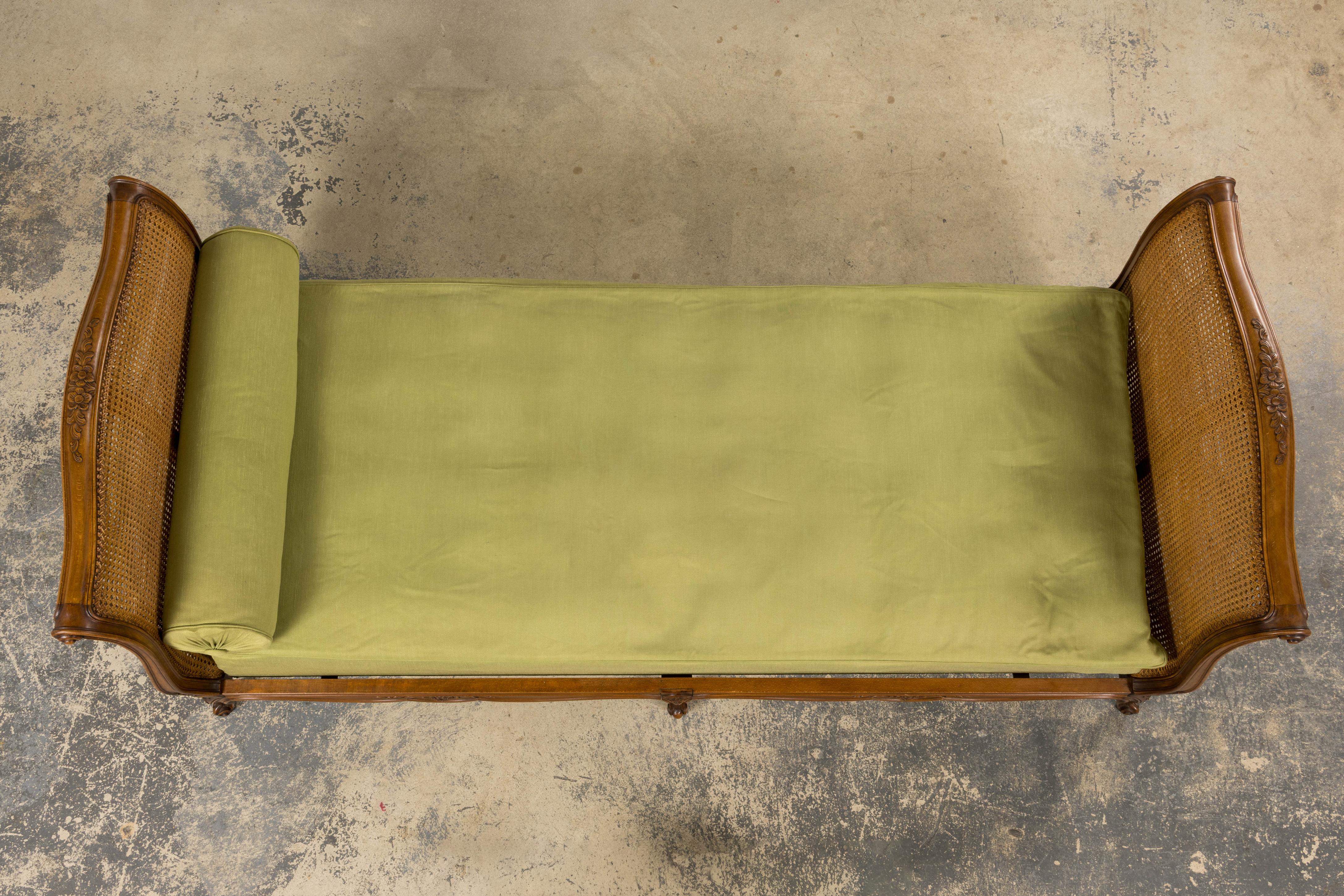 19th Century Antique French Louis XV Style Walnut Cane Daybed W/ Light Green Linen For Sale