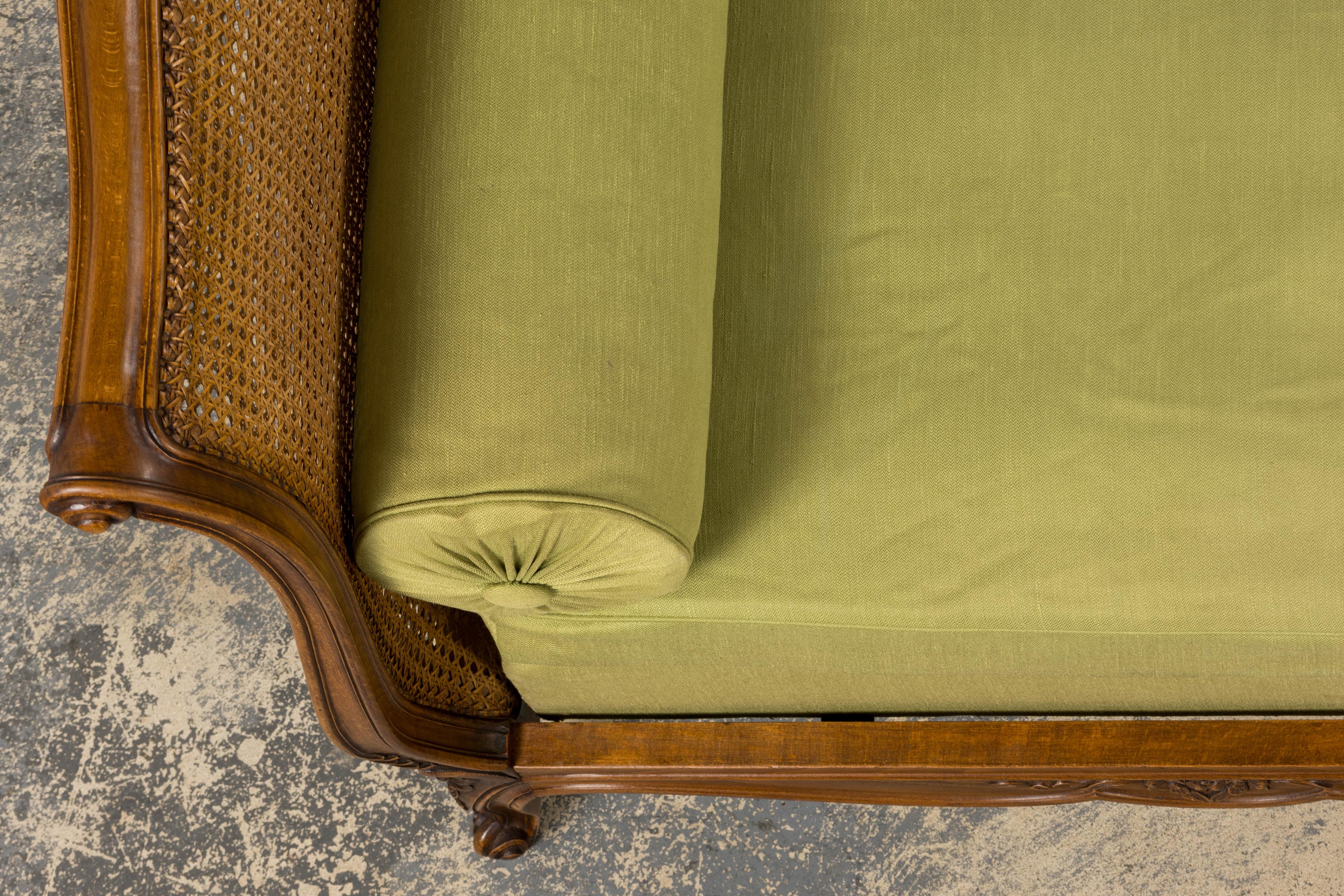 Fabric Antique French Louis XV Style Walnut Cane Daybed W/ Light Green Linen For Sale